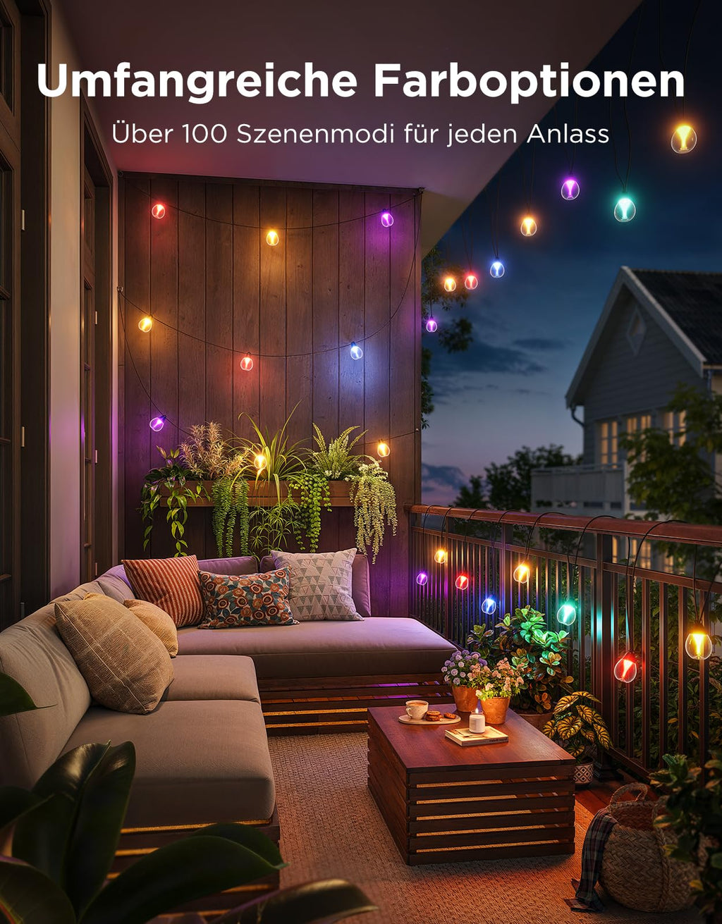 LED Garten Lichterkette 15m – RGB Außenbeleuchtung für Balkon, Terrasse & Garten