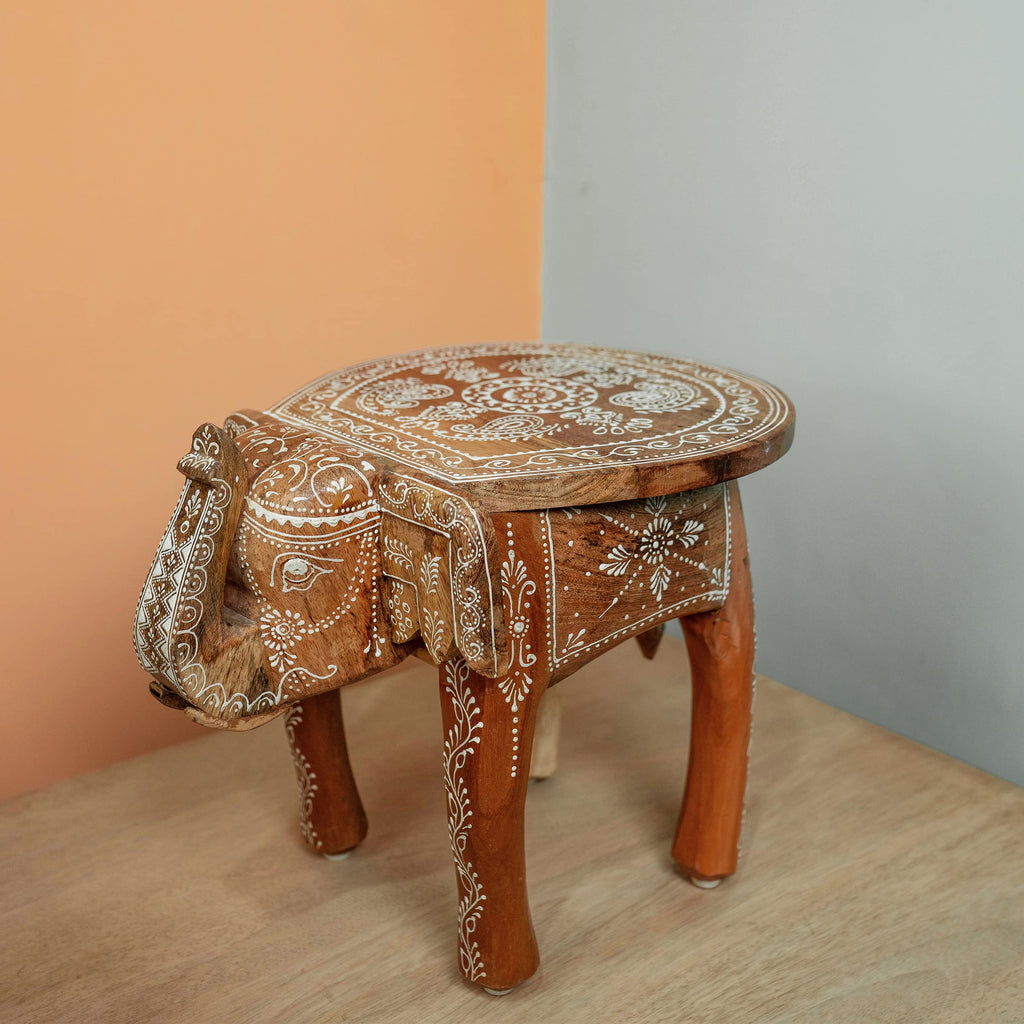 Gall&amp;Zick Elefanten Hocker aus Mangoholz – handbemalt, Mandala, Braun