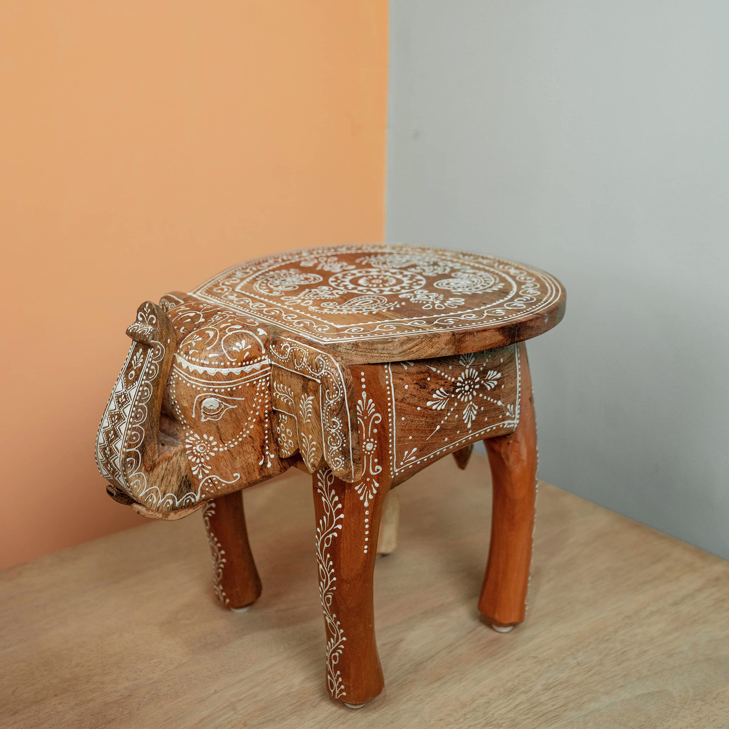 Gall&amp;Zick Elefanten Hocker aus Mangoholz – handbemalt, Mandala, Braun