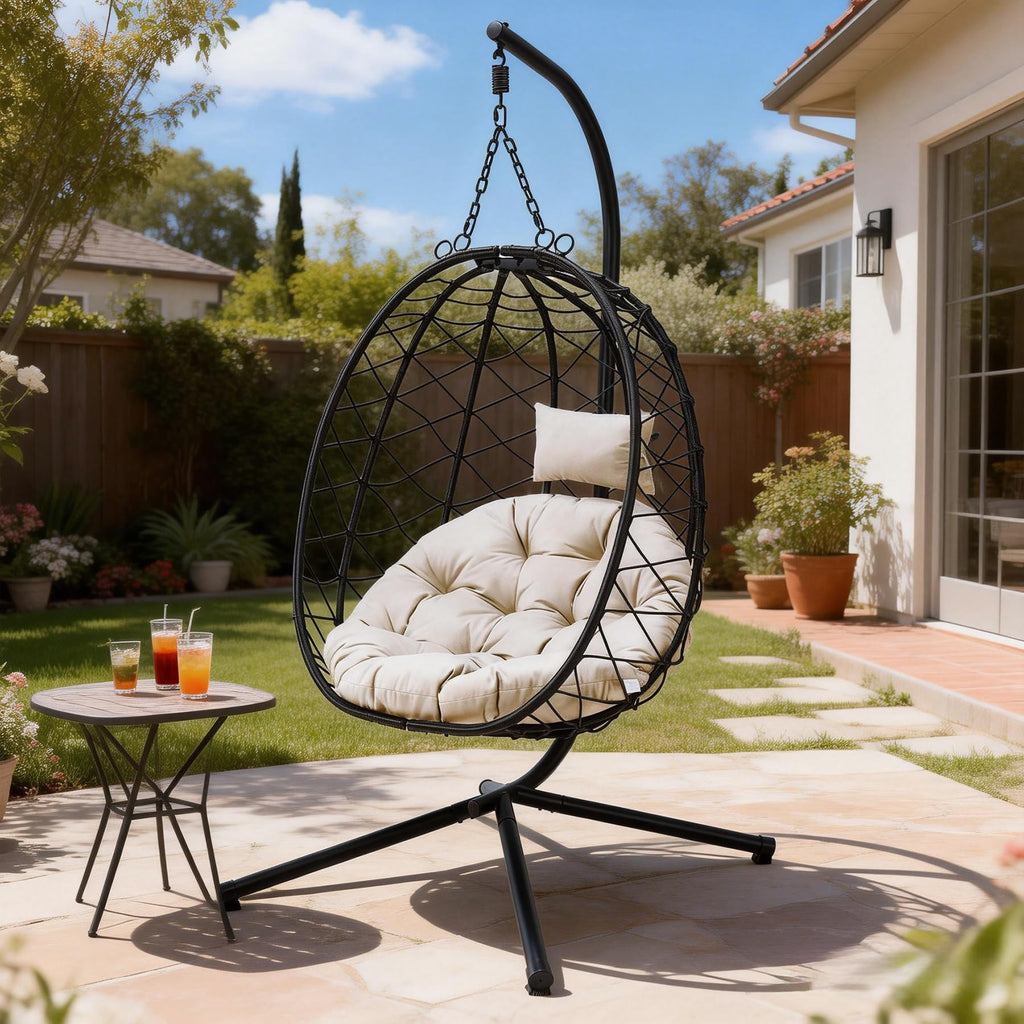 Polyrattan Hängesessel mit Gestell &amp; Kissen – Wetterfest, Beige, 120 kg