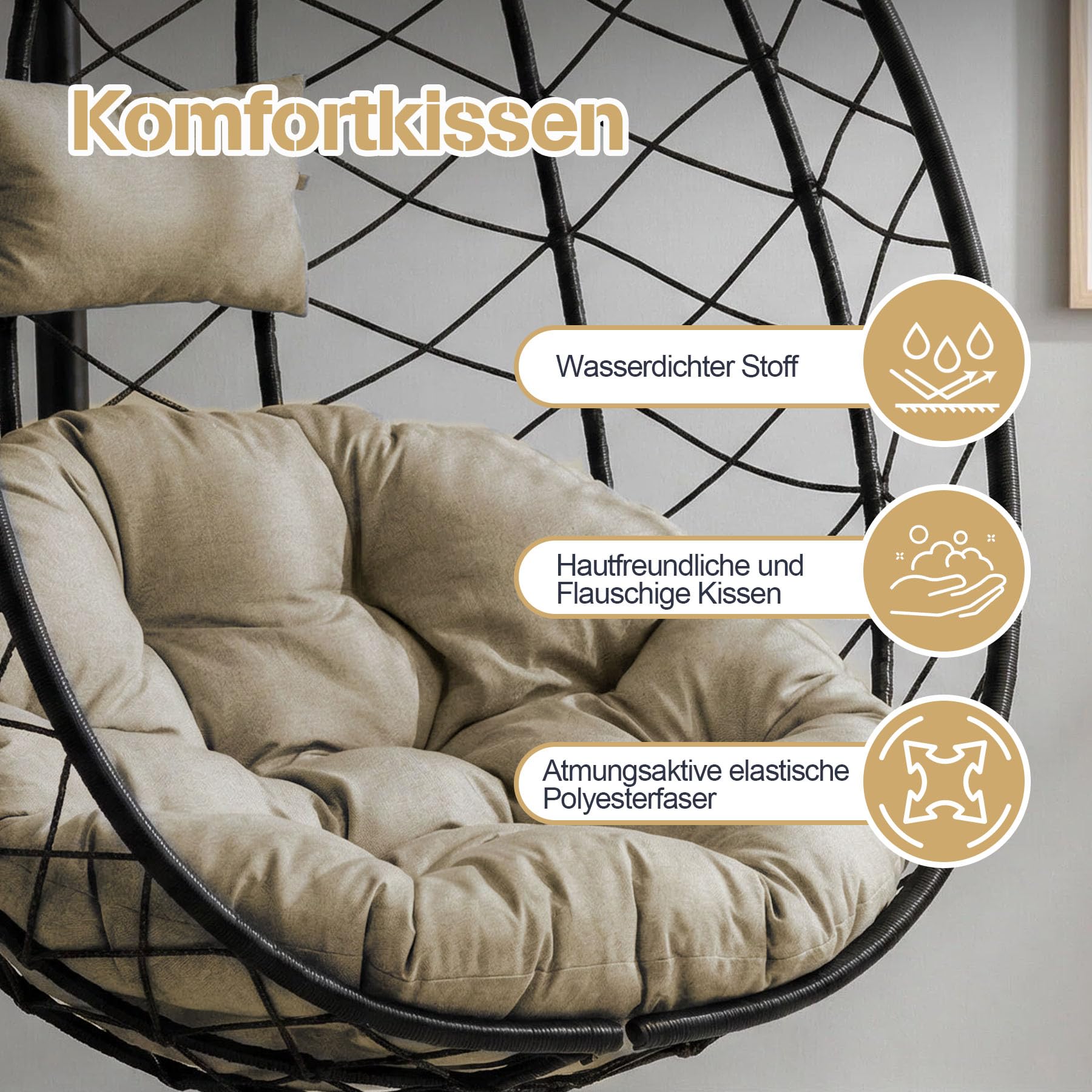 Polyrattan Hängesessel mit Gestell &amp; Kissen – Wetterfest, Beige, 120 kg