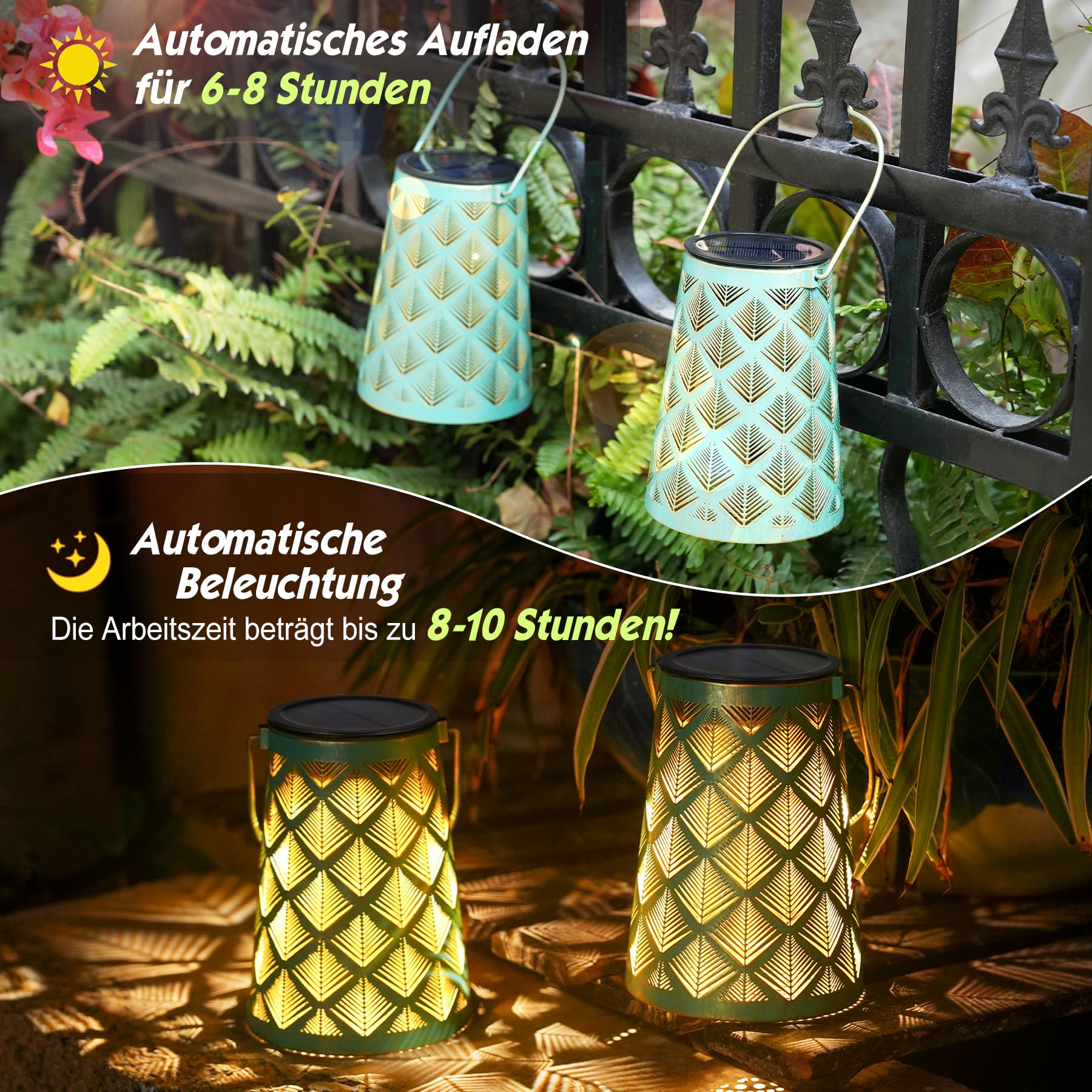 Solar Gartenlaterne 4er Set Vintage – Kiefernmuster, IP65, LED, Patina Grüngold