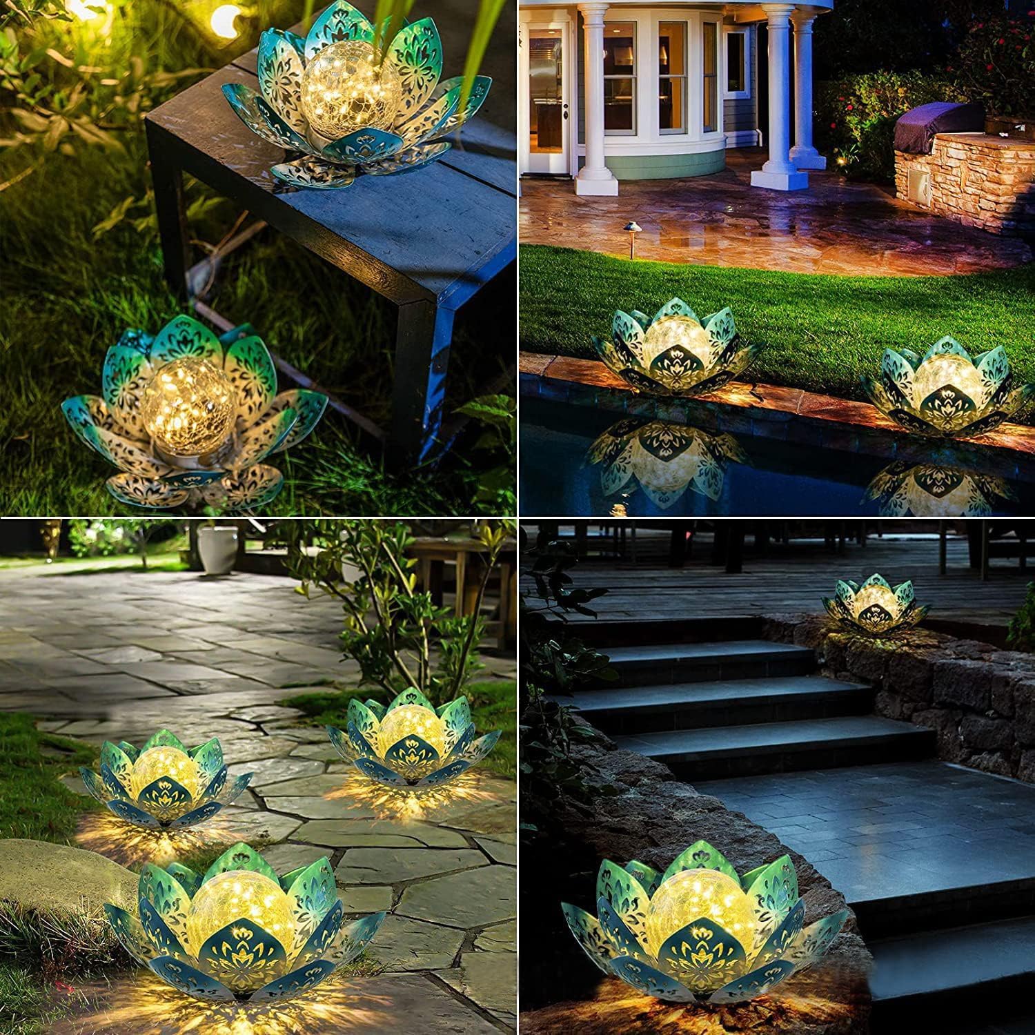 Solar Lotusblüten Lampe Gartendeko Wasserdicht Blau Crack Glaskugel