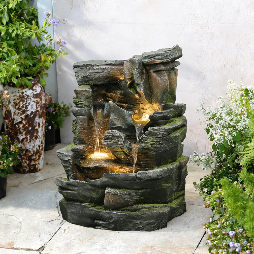 Gartenbrunnen 5-stufig mit LED – Wasserfall Naturstein-Optik, Terrasse & Garten