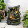 Gartenbrunnen 5-stufig mit LED – Wasserfall Naturstein-Optik, Terrasse & Garten