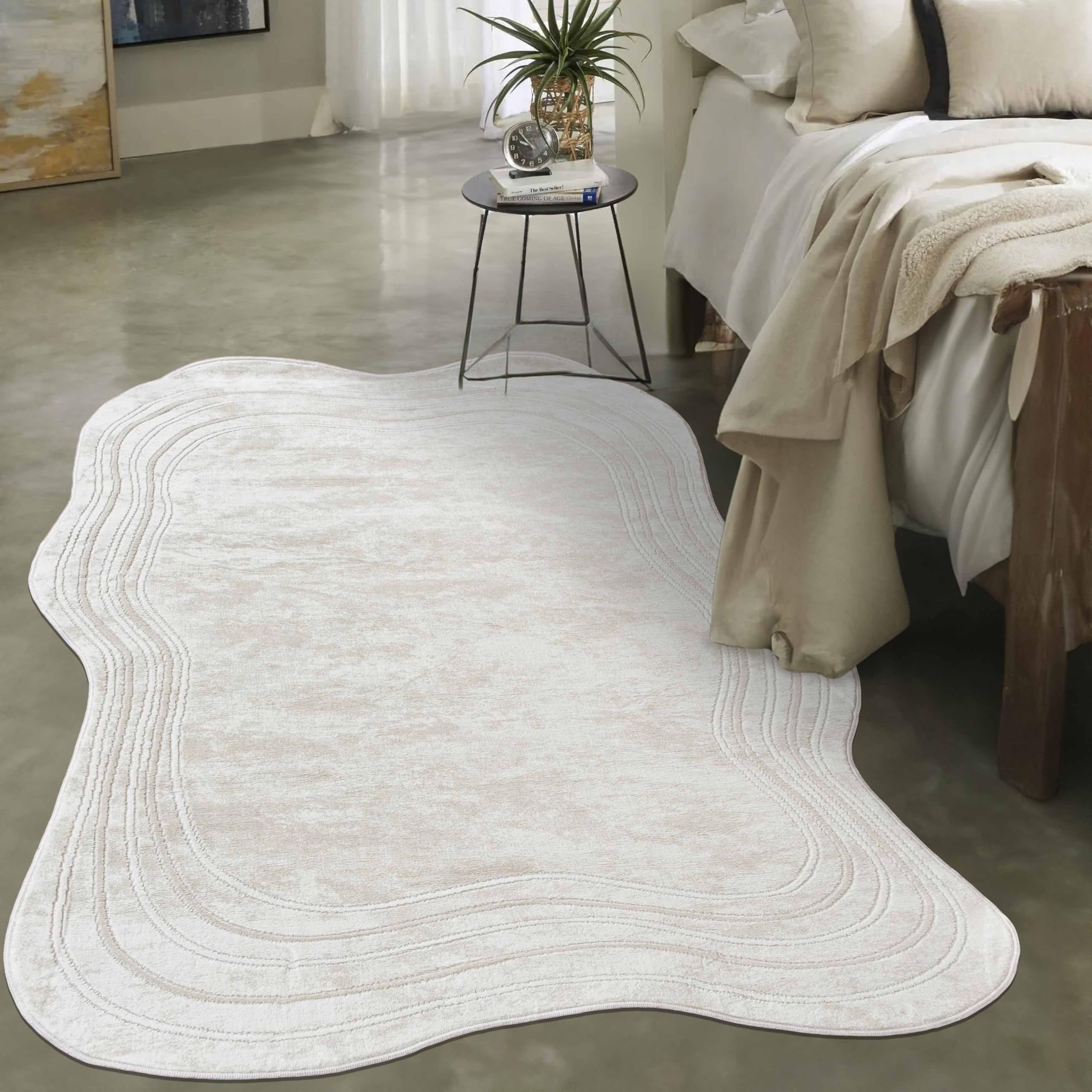 Moderner Kurzflor Teppich Beige – Weicher Wohnzimmer Teppich für Schlafzimmer & Flur