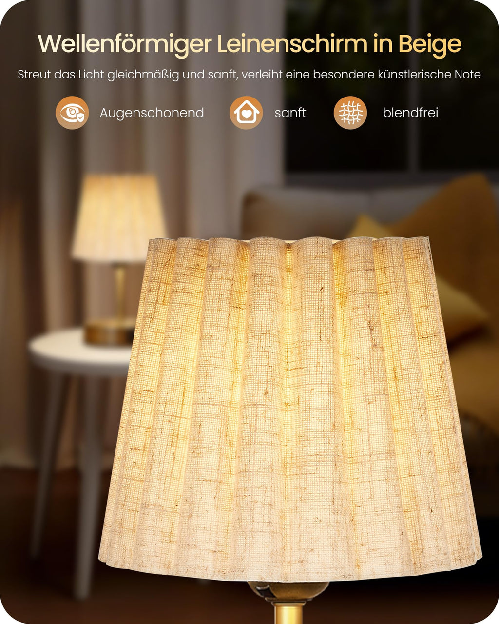 Moderne LED Tischlampe Touch-Dimmbar mit USB A+C – Stoffschirm Beige-Gold Warmweiß