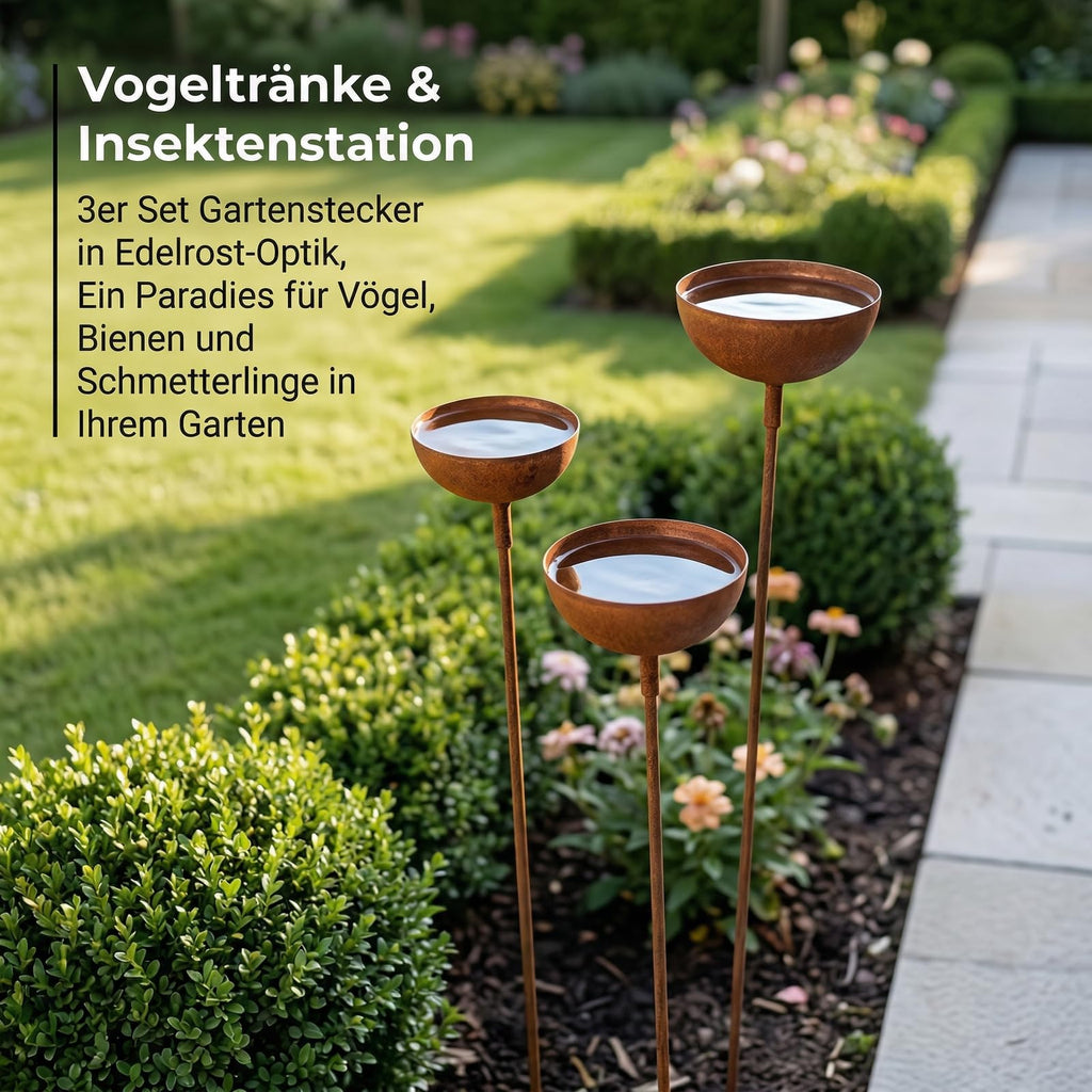 Regenfänger Gartenstecker Naturrost 60 cm – Insektentränke Metall Beetstecker
