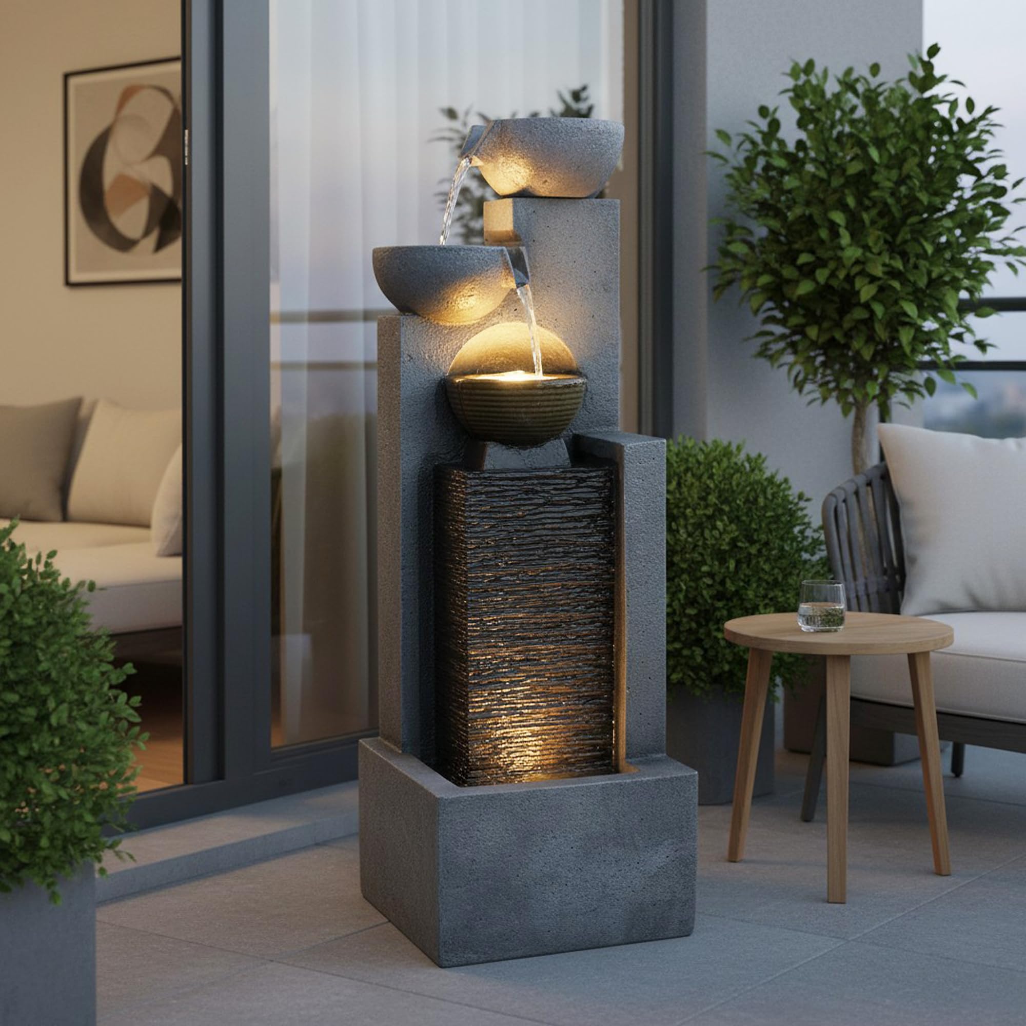 Gartenbrunnen 109 cm LED Wasserfall & Kaskadenwand – Springbrunnen Steinoptik