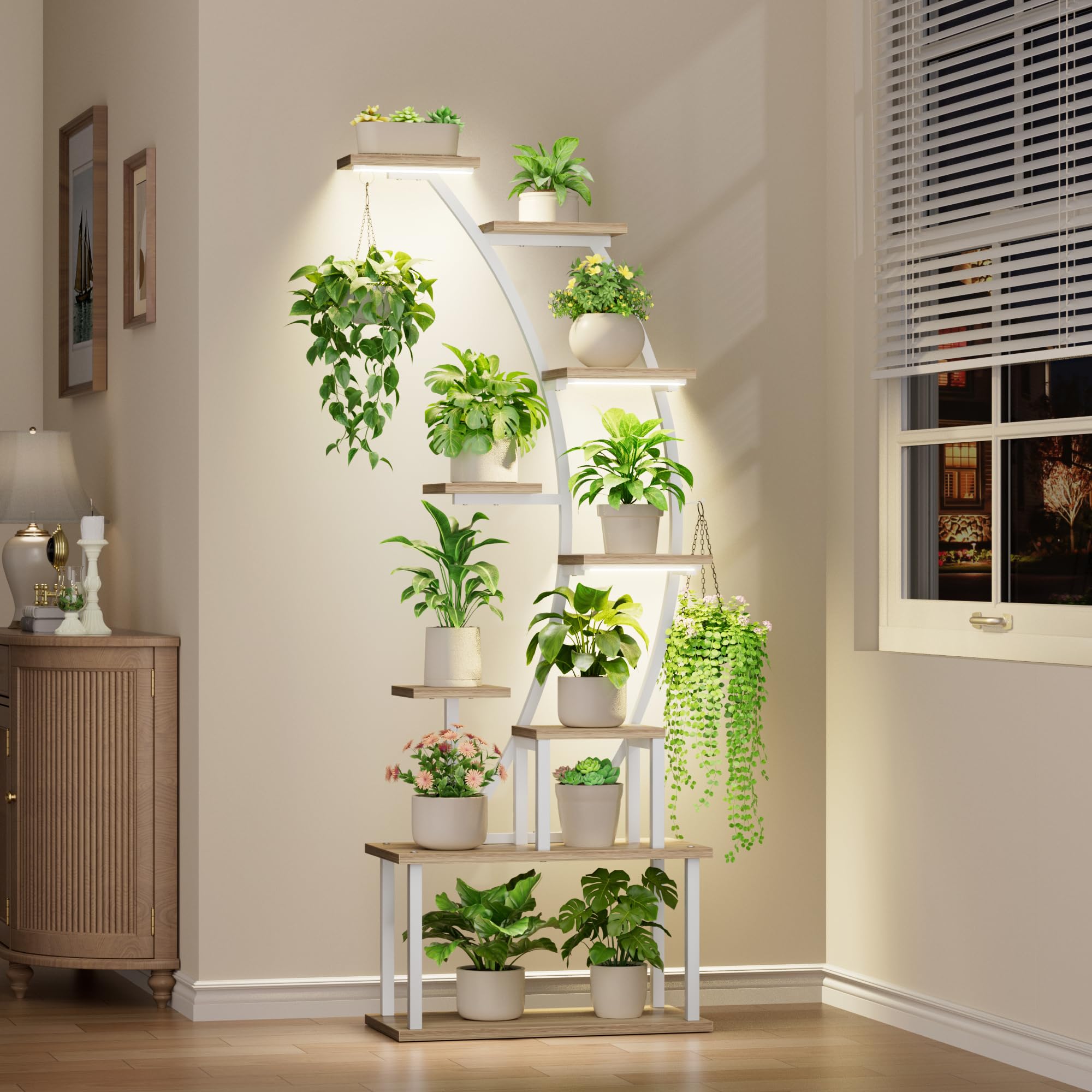 Pflanzenständer mit Grow Light, 9 Ebenen, 160 cm, Weiß – Metall & Holz