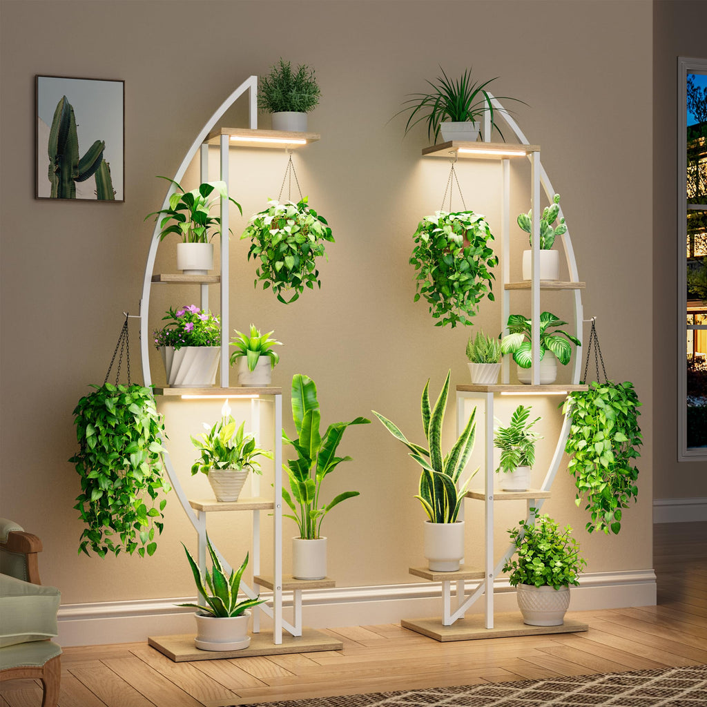 2er-Set Pflanzenregal mit Grow Light, 6 Ebenen, 160 cm, Weiß – BACEKOLL