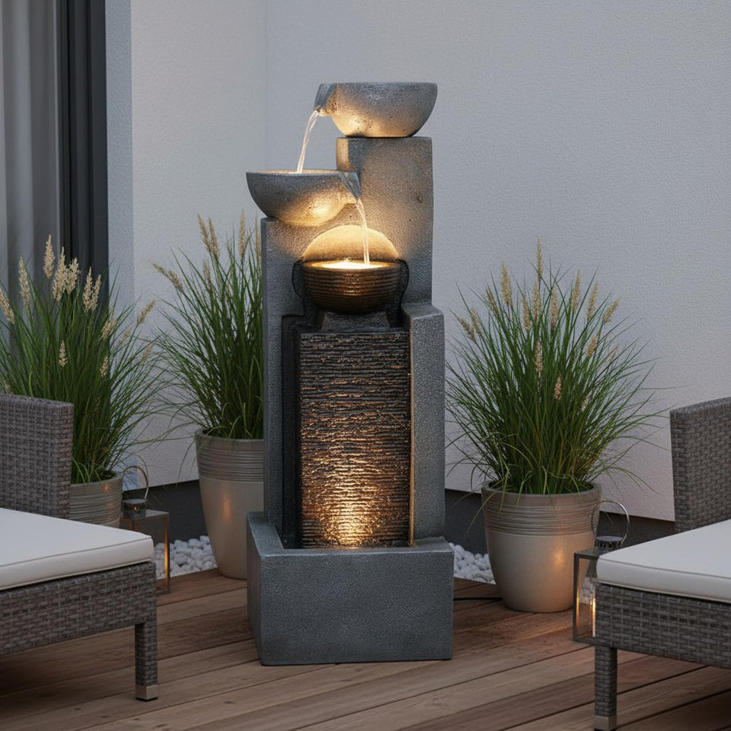 Gartenbrunnen 109 cm LED Wasserfall & Kaskadenwand – Springbrunnen Steinoptik