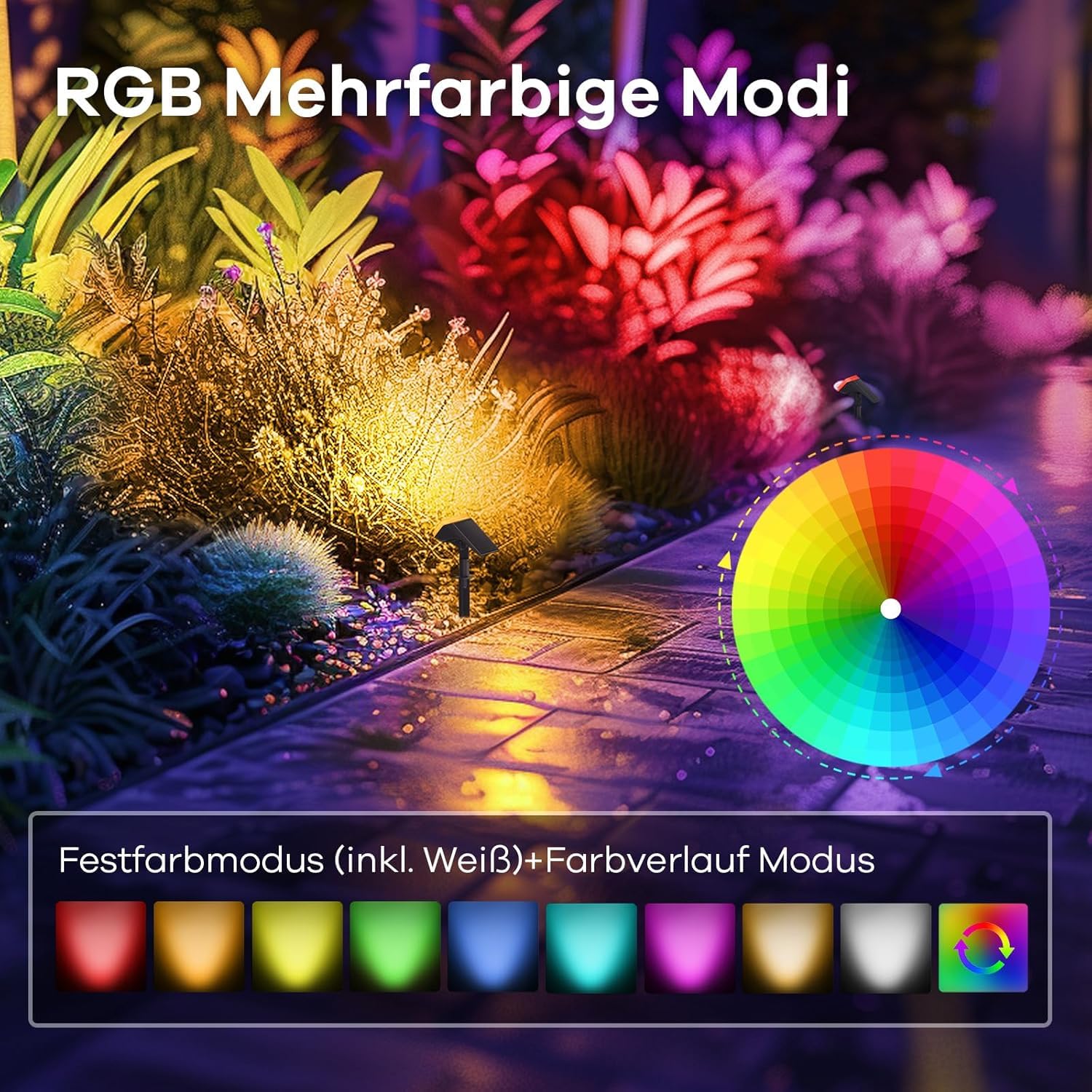Solar Gartenstrahler RGB bunt – 6er Set, 10 Modi, wasserdicht für Außen