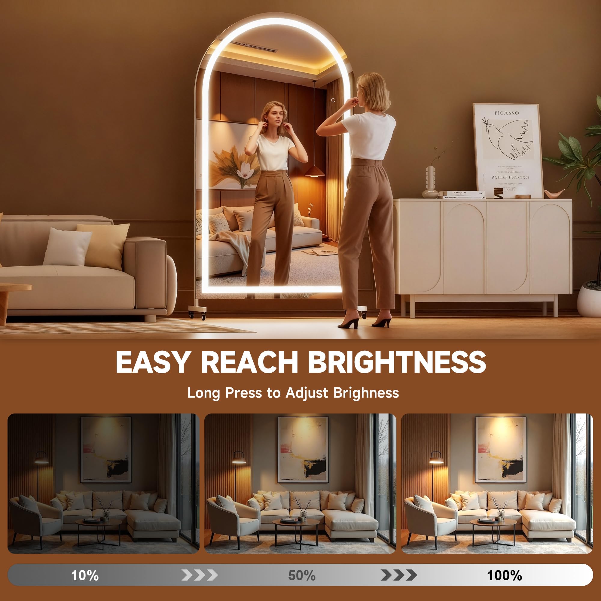 LED Ganzkörperspiegel 170x100 cm mit Beleuchtung – 360° drehbarer Standspiegel