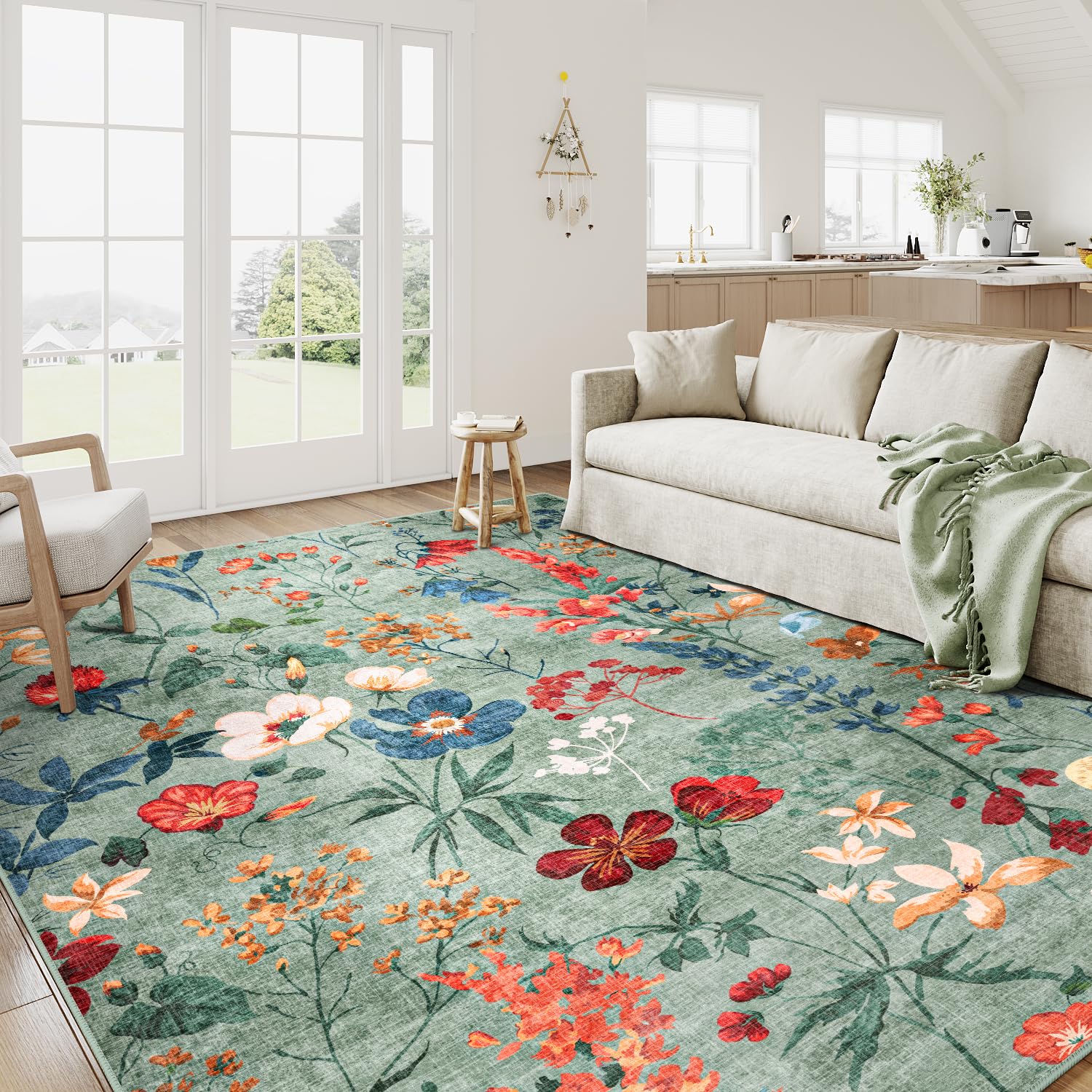 Boho Teppich 200×300 cm Grün – waschbarer rutschfester Wohnzimmer Teppich mit Blumenmuster