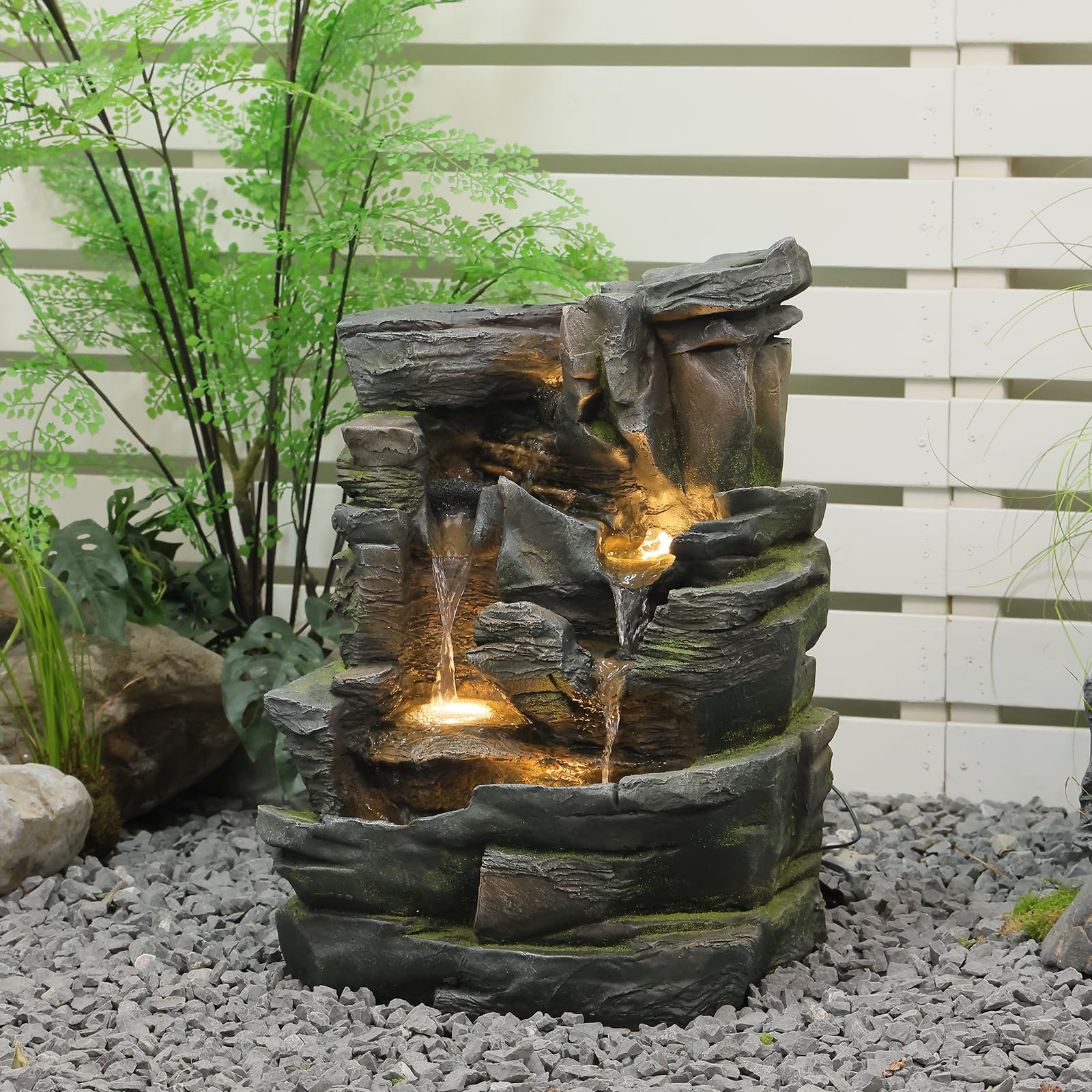 Gartenbrunnen 5-stufig mit LED – Wasserfall Naturstein-Optik, Terrasse & Garten