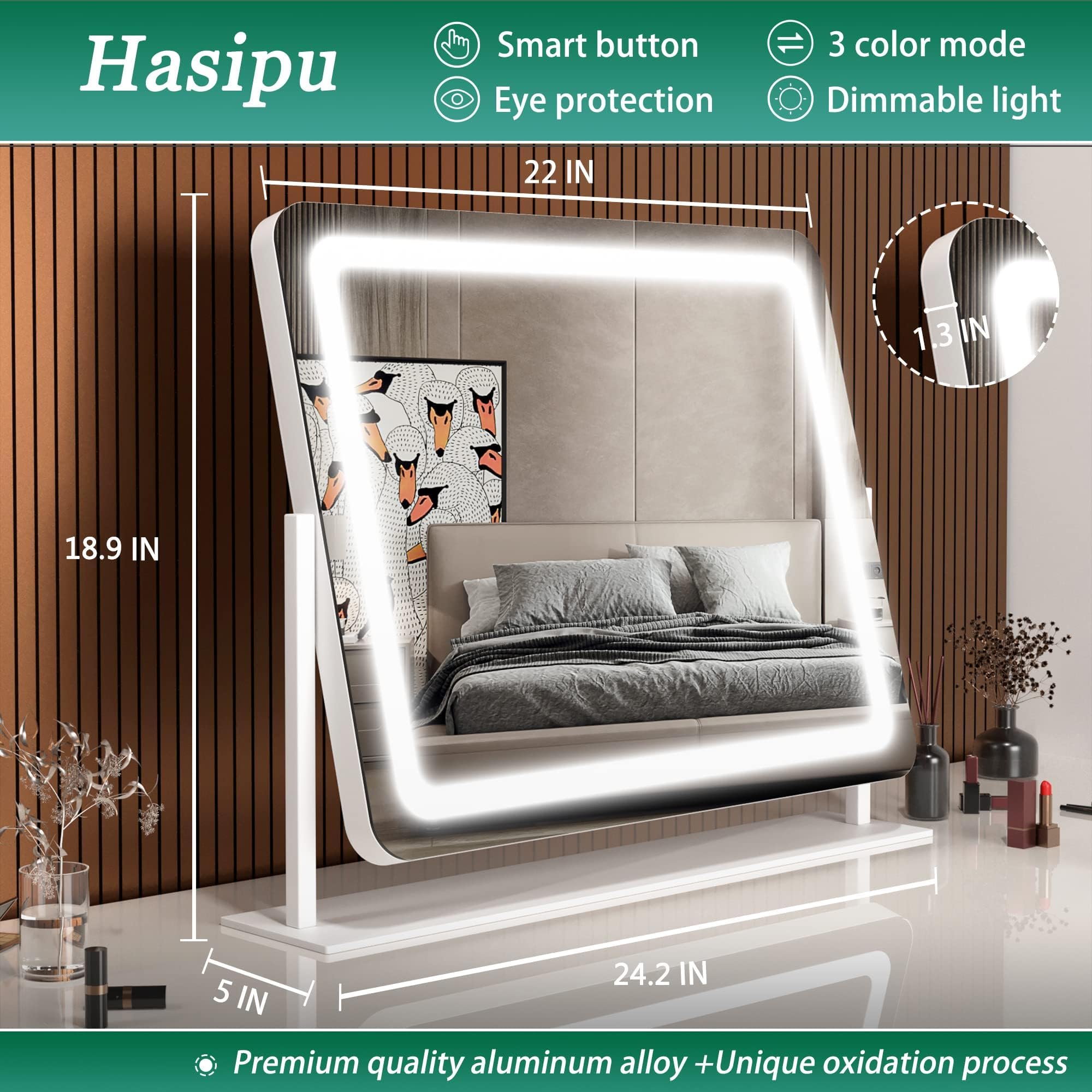 Hasipu Schminkspiegel mit Beleuchtung 55 x 45 cm, LED Kosmetikspiegel 10x Vergrößerung, 3 Farbtemperaturen, Touch Control Tischspiegel, 360° Drehung, Spiegel für Make-up Weiß