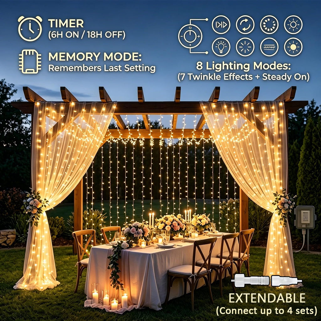 Dekofun LED Lichtervorhang 3×3 m, 300 Warmweiße LEDs, 8 Modi, IP65 für Innen & Außen