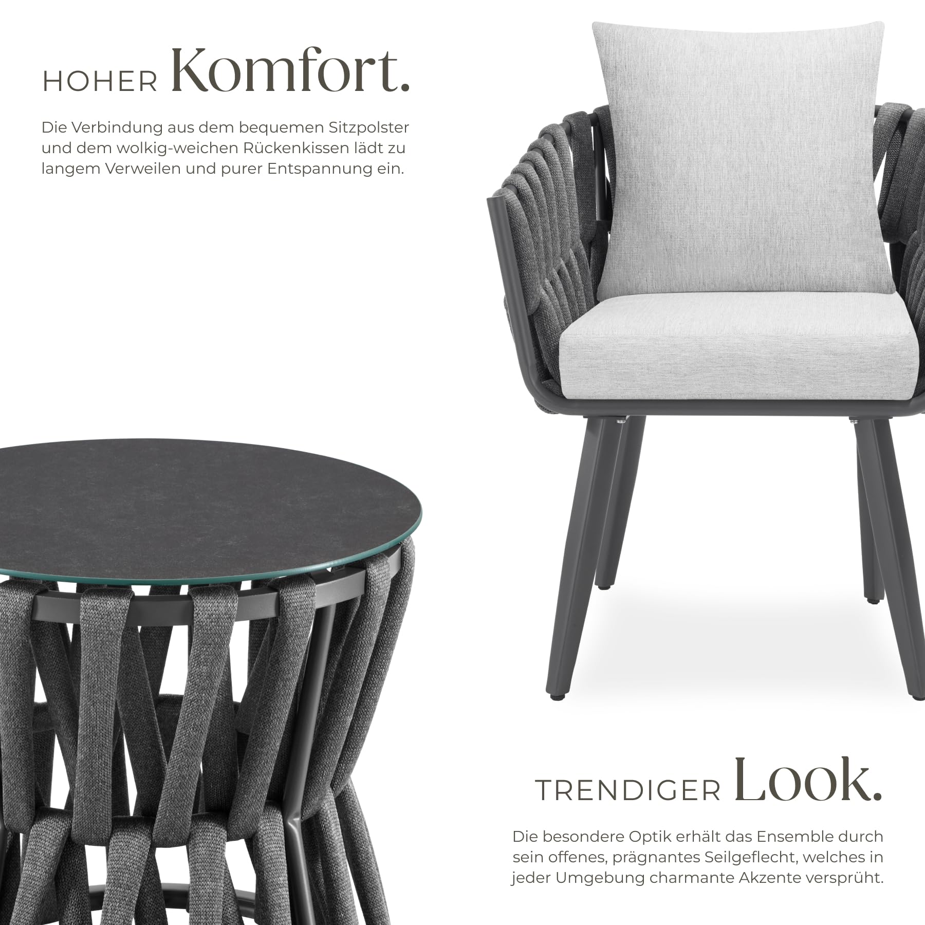 Modernes Gartenmöbel Set mit Rope Design – Aluminium Lounge Set mit Tisch & Polstern