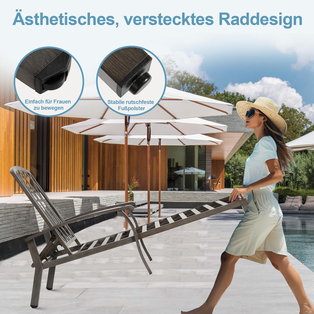 Villeston Sonnenliege Oversize mit Auflage – wetterfest, Rollen, Holz-Look