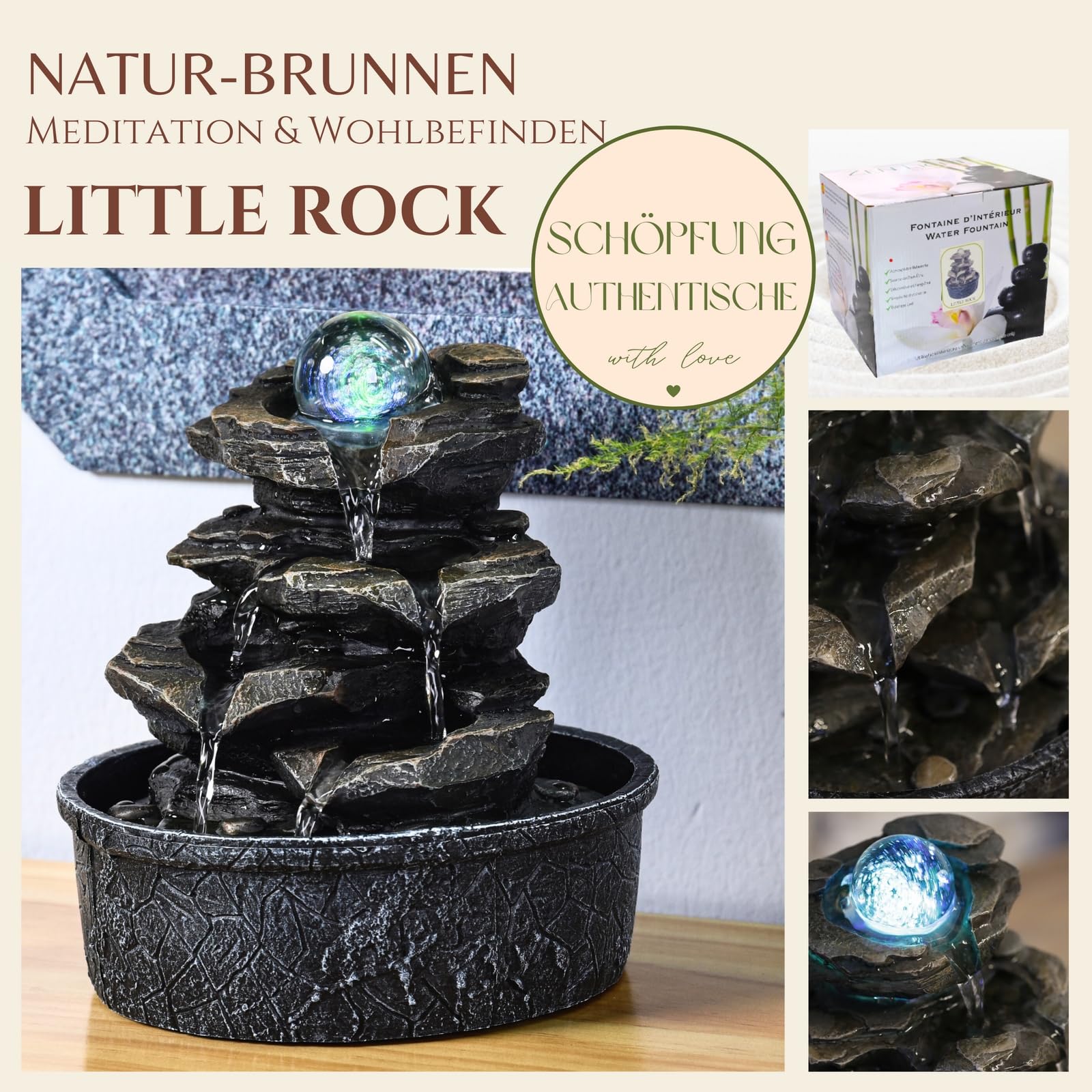 Zimmerbrunnen Little Rock – LED Farbwechsel, Steinoptik & Feng Shui