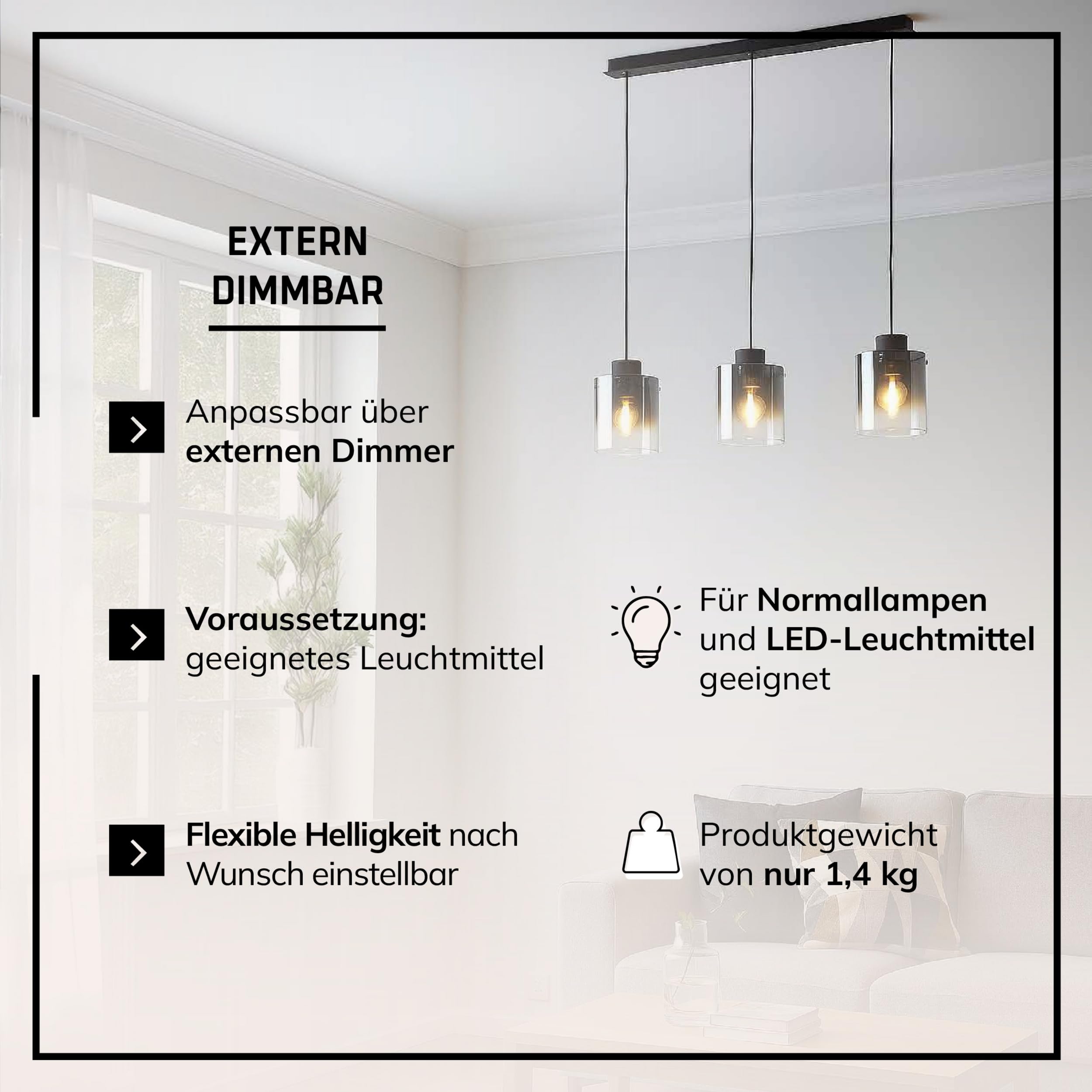 3-flammige Pendelleuchte mit Glas-Schirmen – Hängelampe E27 aus Metall & Rauchglas für Esstisch