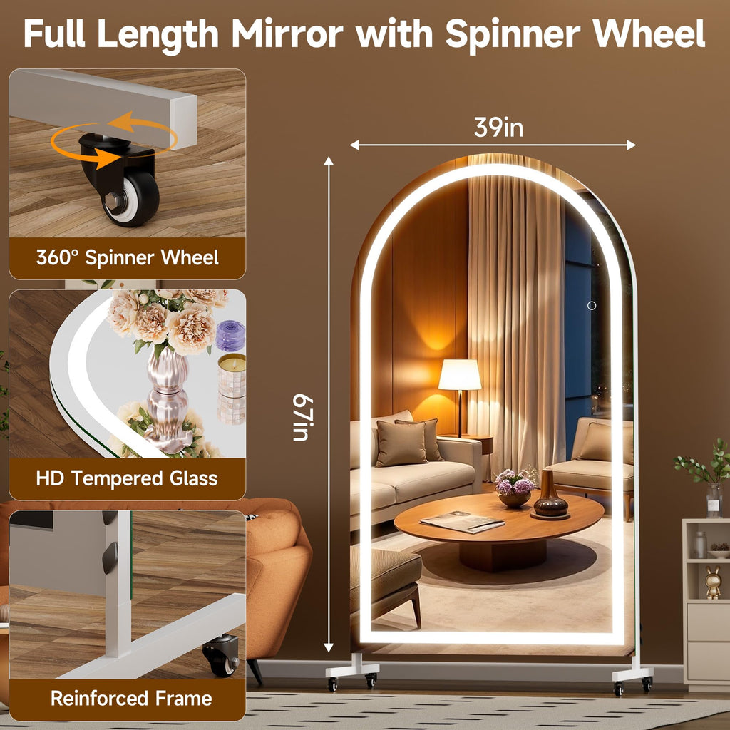 LED Ganzkörperspiegel 170x100 cm mit Beleuchtung – 360° drehbarer Standspiegel