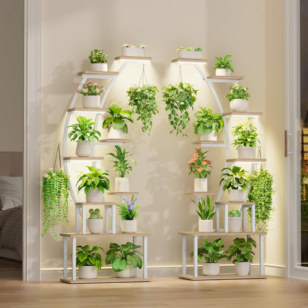 Pflanzenständer mit Grow Light, 9 Ebenen, 160 cm, Weiß – Metall & Holz