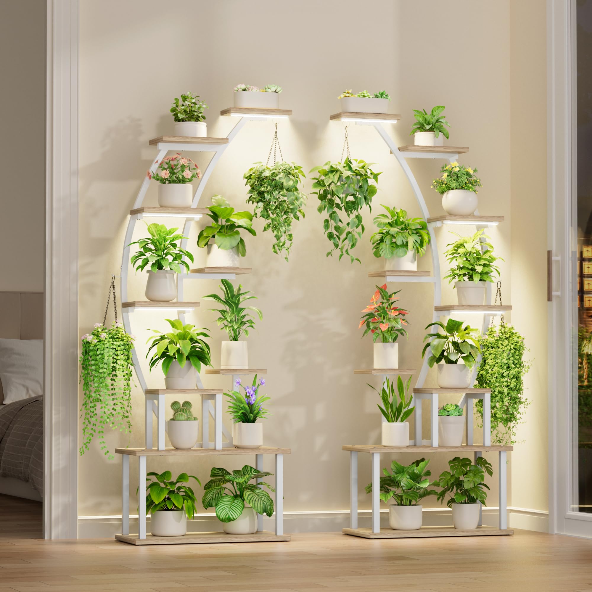Pflanzenständer mit Grow Light, 9 Ebenen, 160 cm, Weiß – Metall & Holz