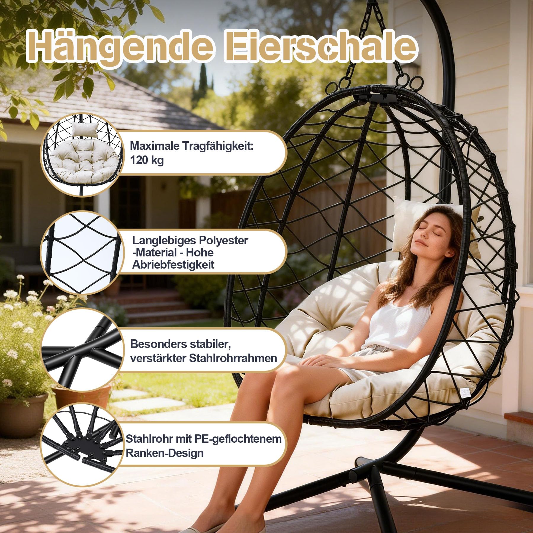 Polyrattan Hängesessel mit Gestell &amp; Kissen – Wetterfest, Beige, 120 kg