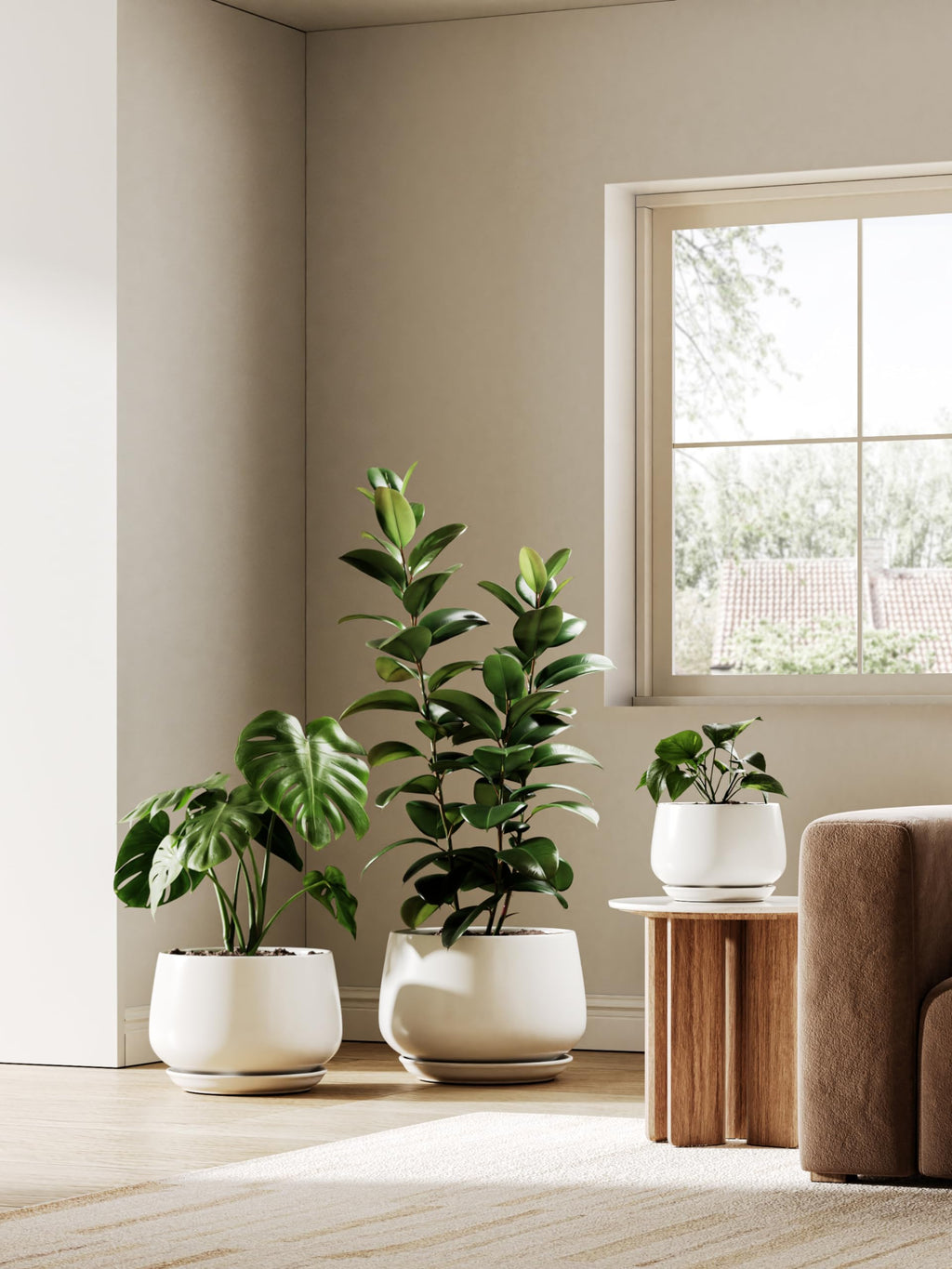 LE TAUCI Keramik Blumentopf 25cm Mattweiß – mit Untersetzer, Innen
