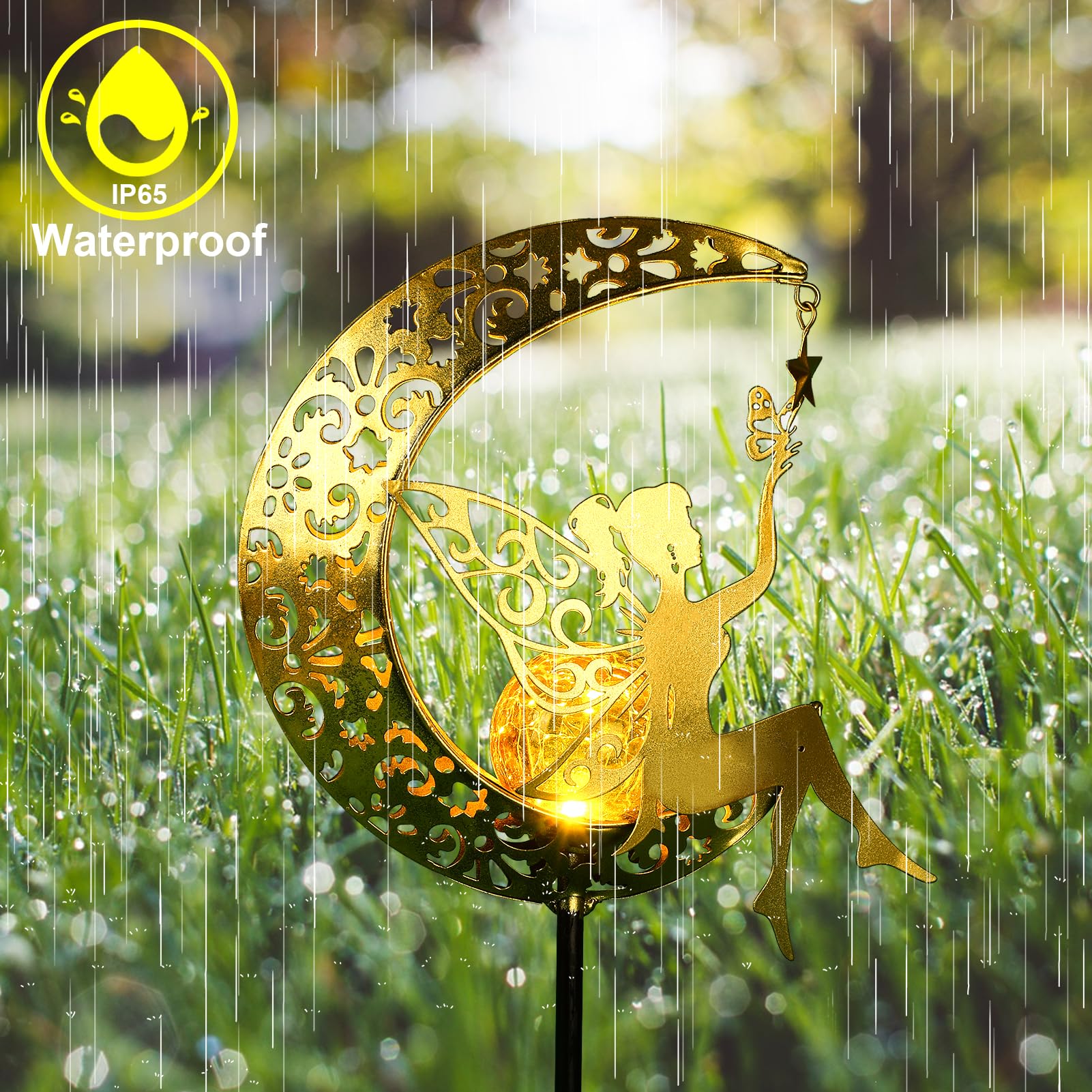 Solar Gartenleuchte Mondfee – Glaskugel, warmweiß, wasserdicht für Garten & Pfad