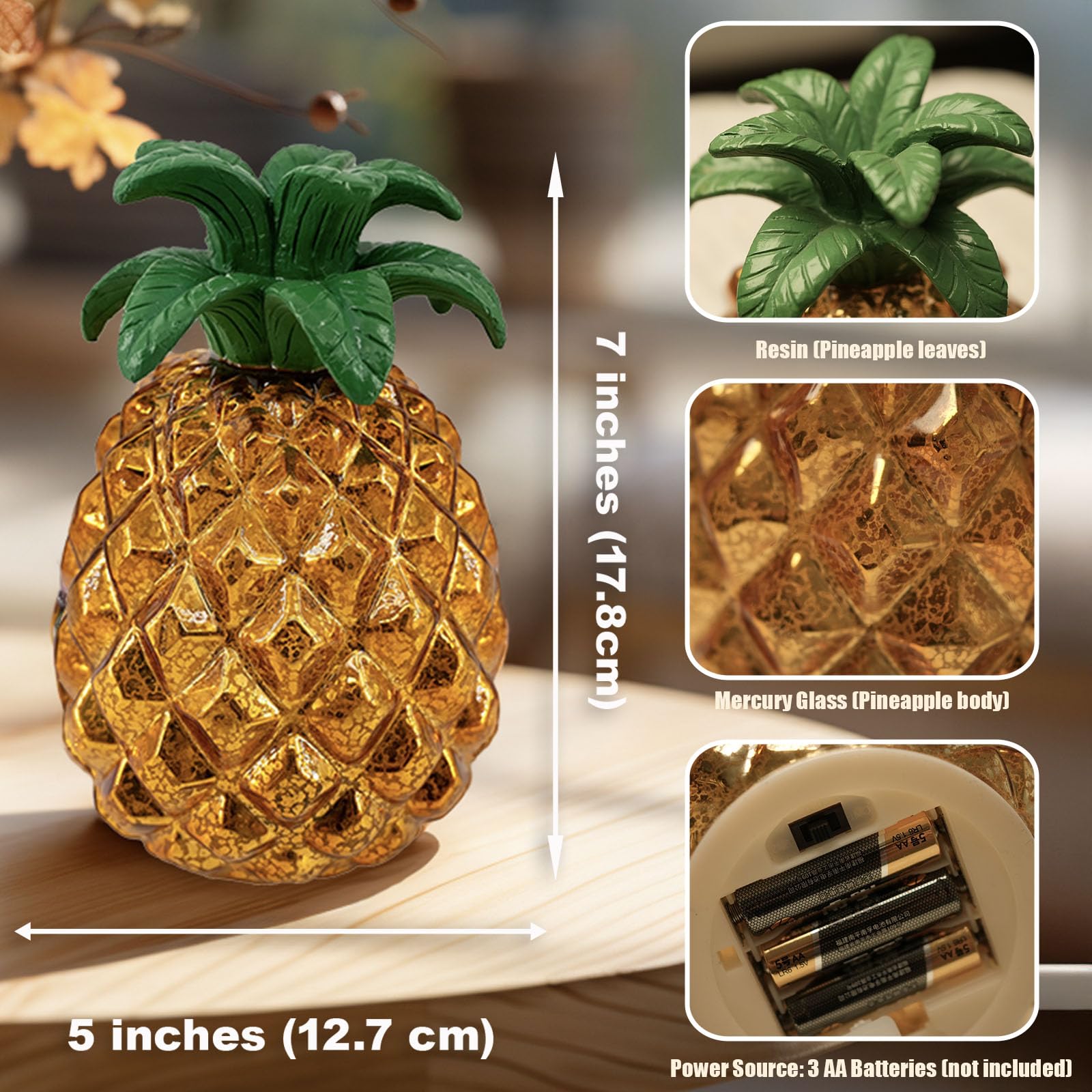 Goldene Ananas LED Lampe – Dekorative Tischlampe aus Glas für Wohnzimmer & Schlafzimmer