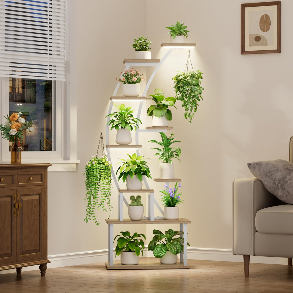Pflanzenständer mit Grow Light, 9 Ebenen, 160 cm, Weiß – Metall & Holz