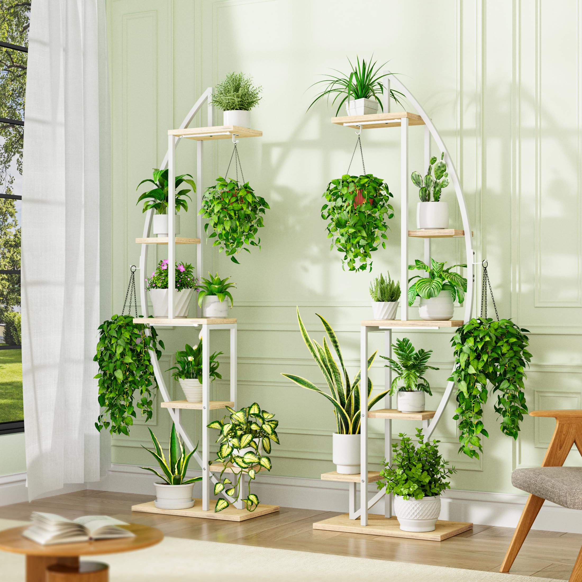 2er-Set Pflanzenregal mit Grow Light, 6 Ebenen, 160 cm, Weiß – BACEKOLL