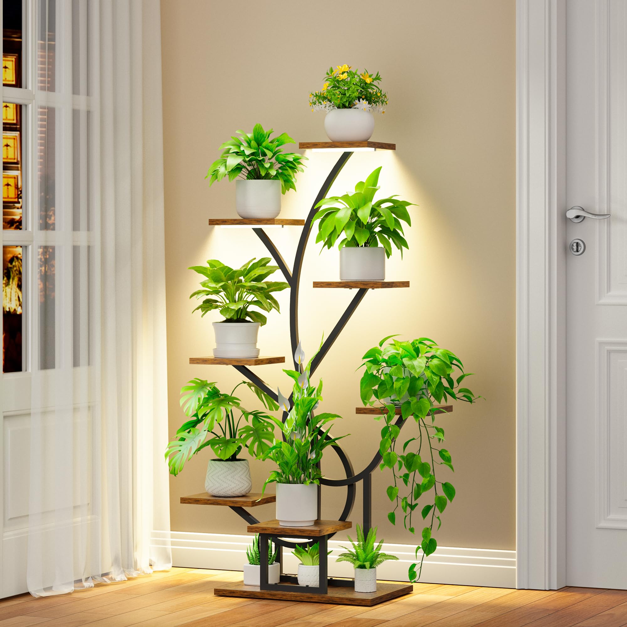 Pflanzenständer mit Grow Light, 8 Ebenen, 126 cm – Metall & Holz, schwarz
