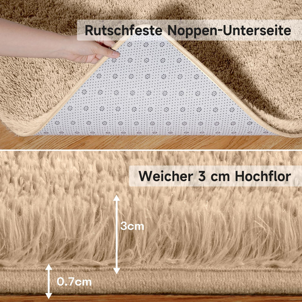 Weicher Hochflor Teppich Beige – Großer Wohnzimmer Teppich für Schlafzimmer & Kinderzimmer
