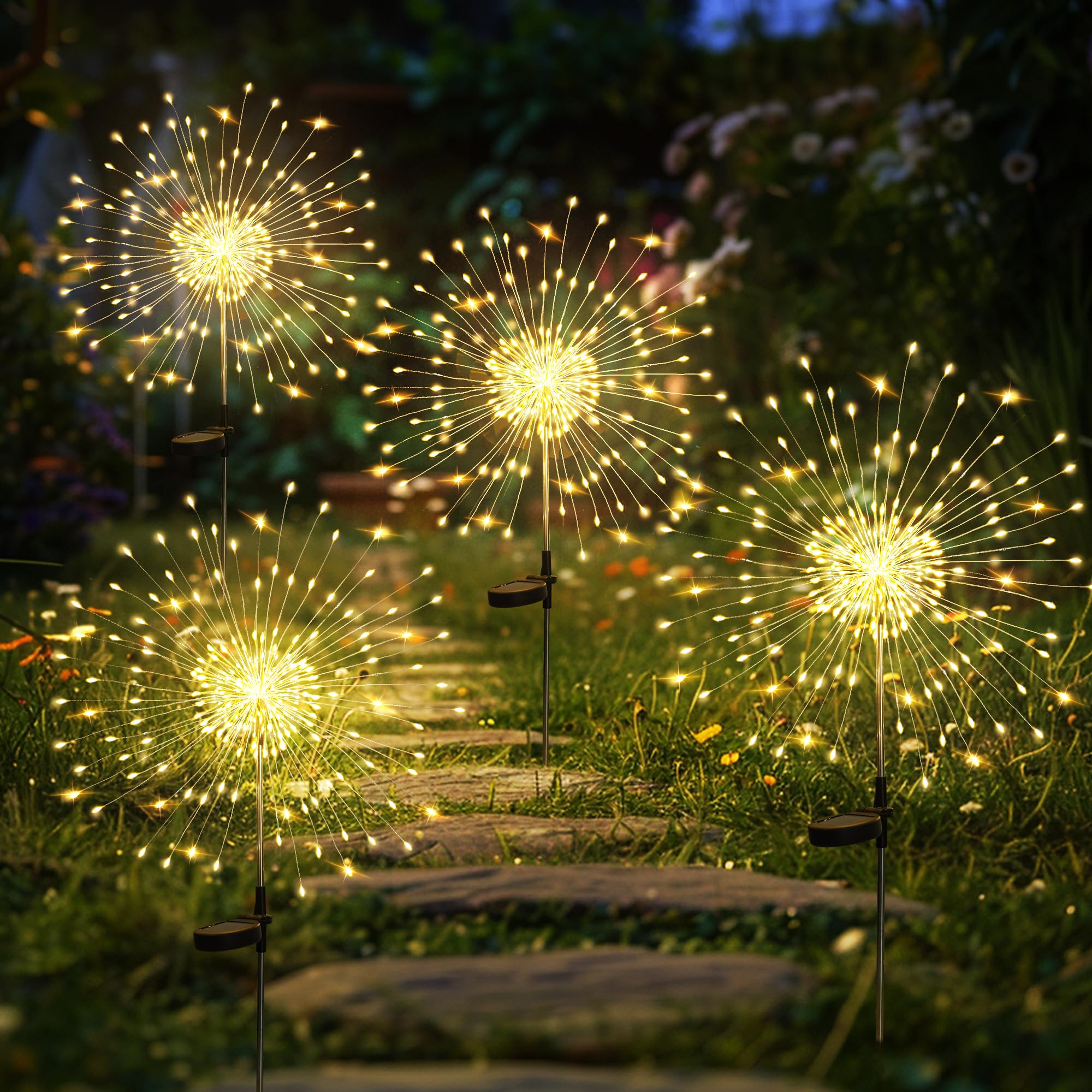 GIGALUMI Solar Feuerwerk Gartenlampen 4er Set – 120 LED IP65 Outdoor Balkon Terrasse Deko