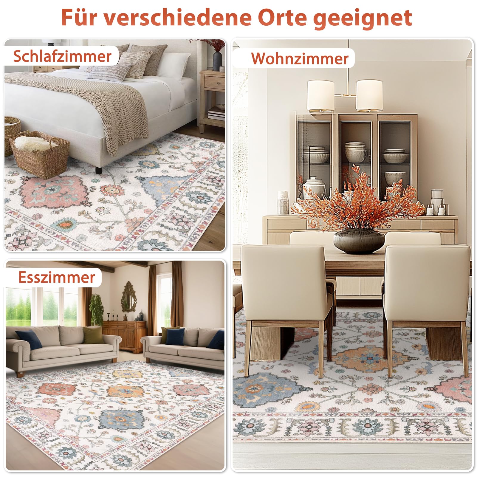 Boho Teppich 160×230 cm Vintage – weicher rutschfester Teppich für Wohnzimmer, Esszimmer & Schlafzimmer