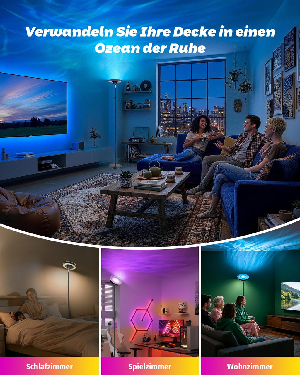 GOOSKI 3-in-1 LED Stehlampe | Deckenfluter mit Wasserwellen & RGBIC
