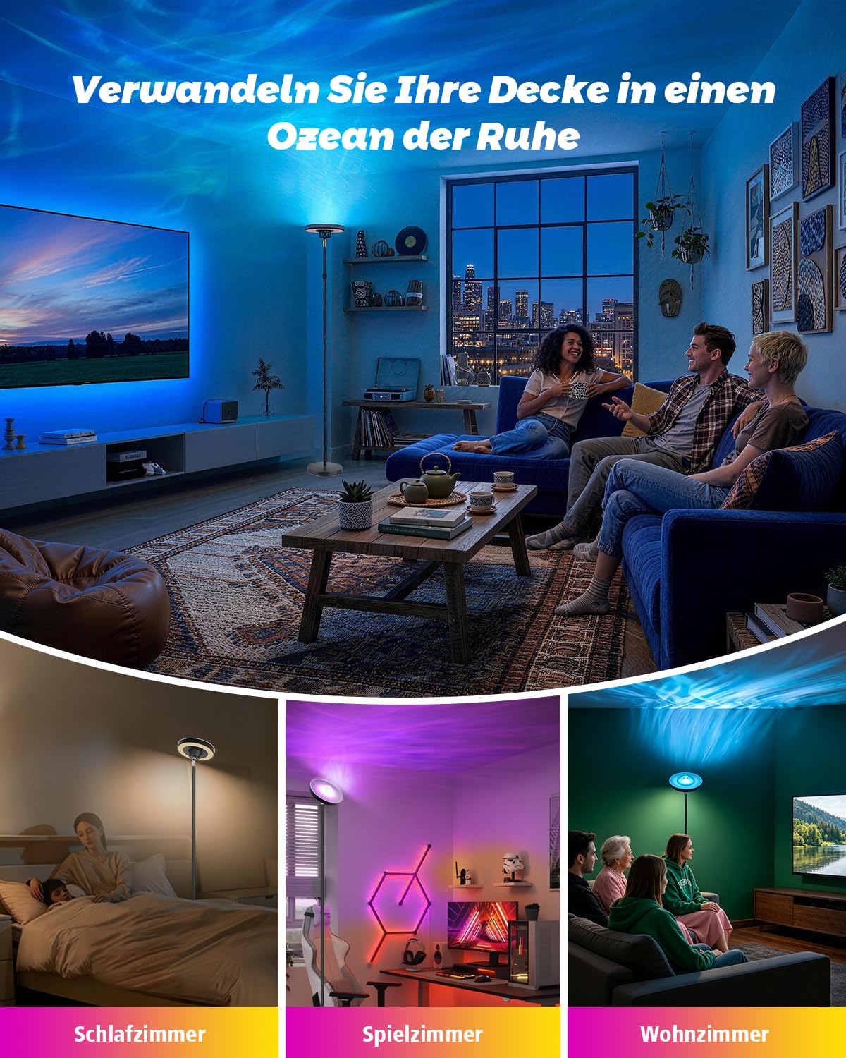 GOOSKI 3-in-1 LED Stehlampe | Deckenfluter mit Wasserwellen & RGBIC