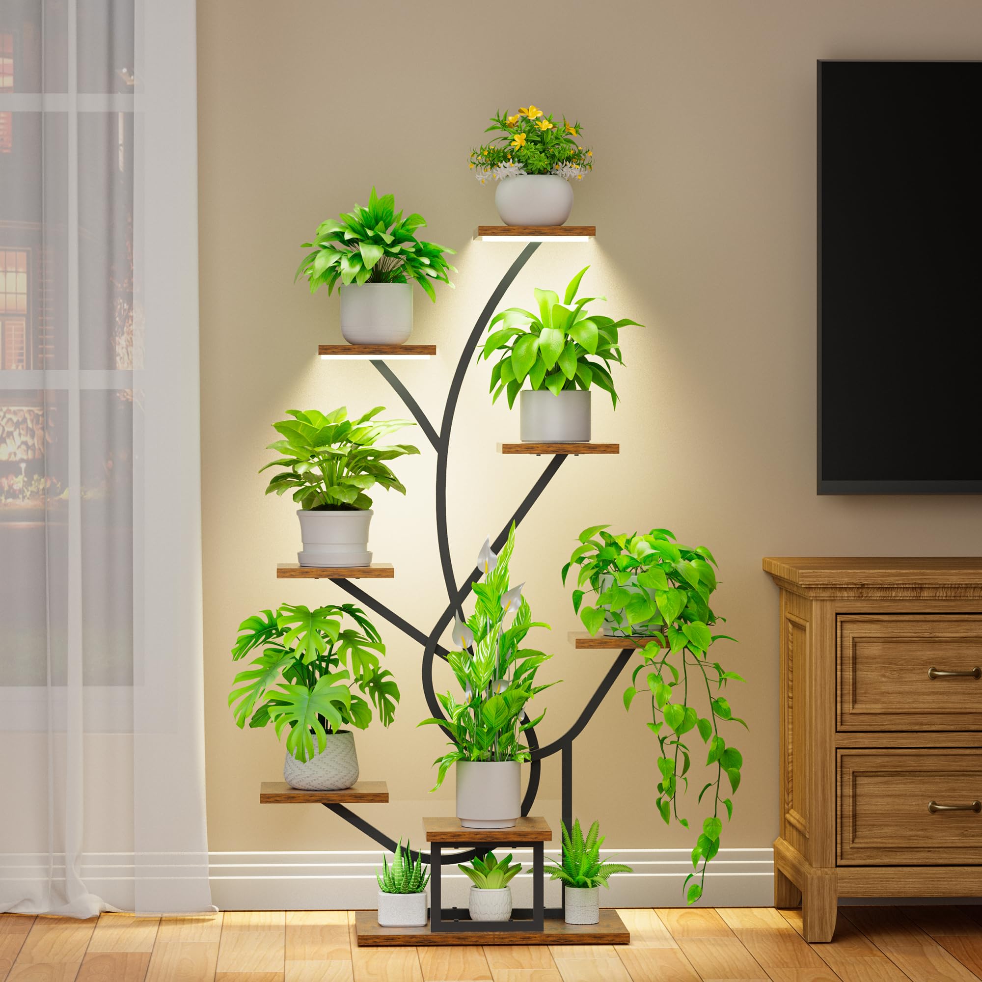 Pflanzenständer mit Grow Light, 8 Ebenen, 126 cm – Metall & Holz, schwarz