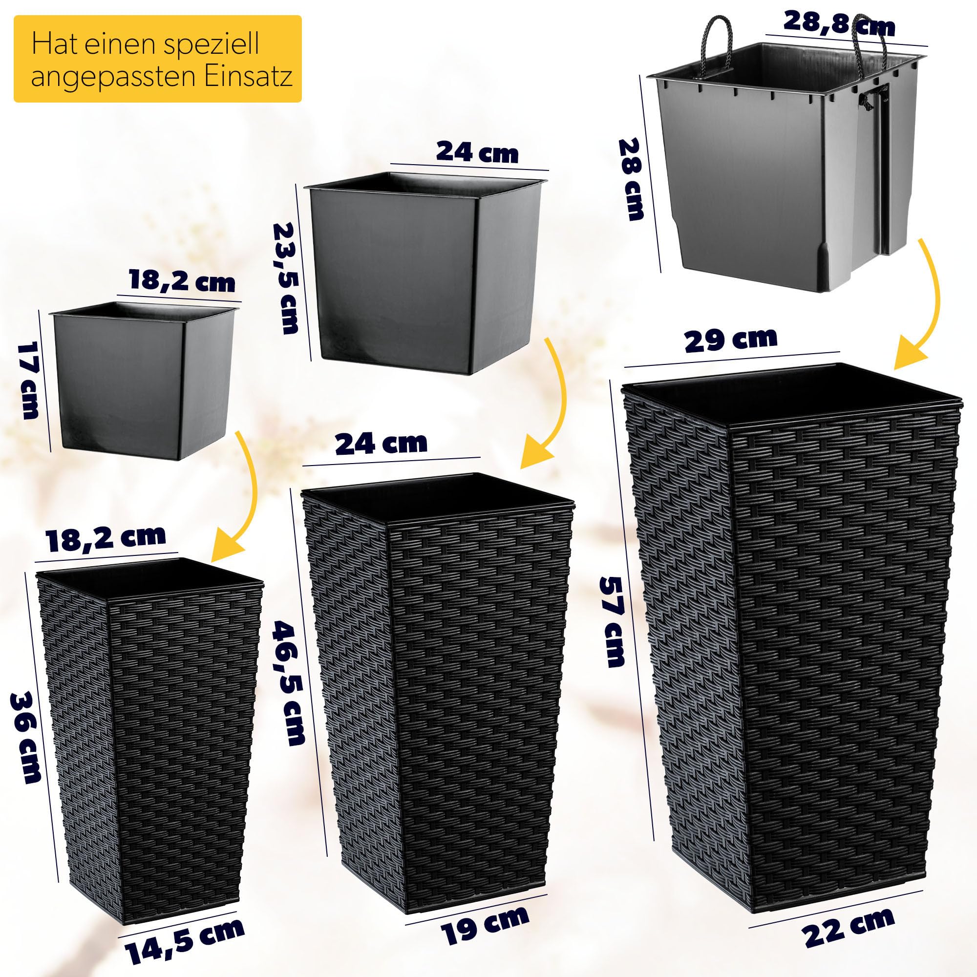 3er Set Pflanzkübel mit Innentopf – Moderne Blumentöpfe für Balkon & Garten