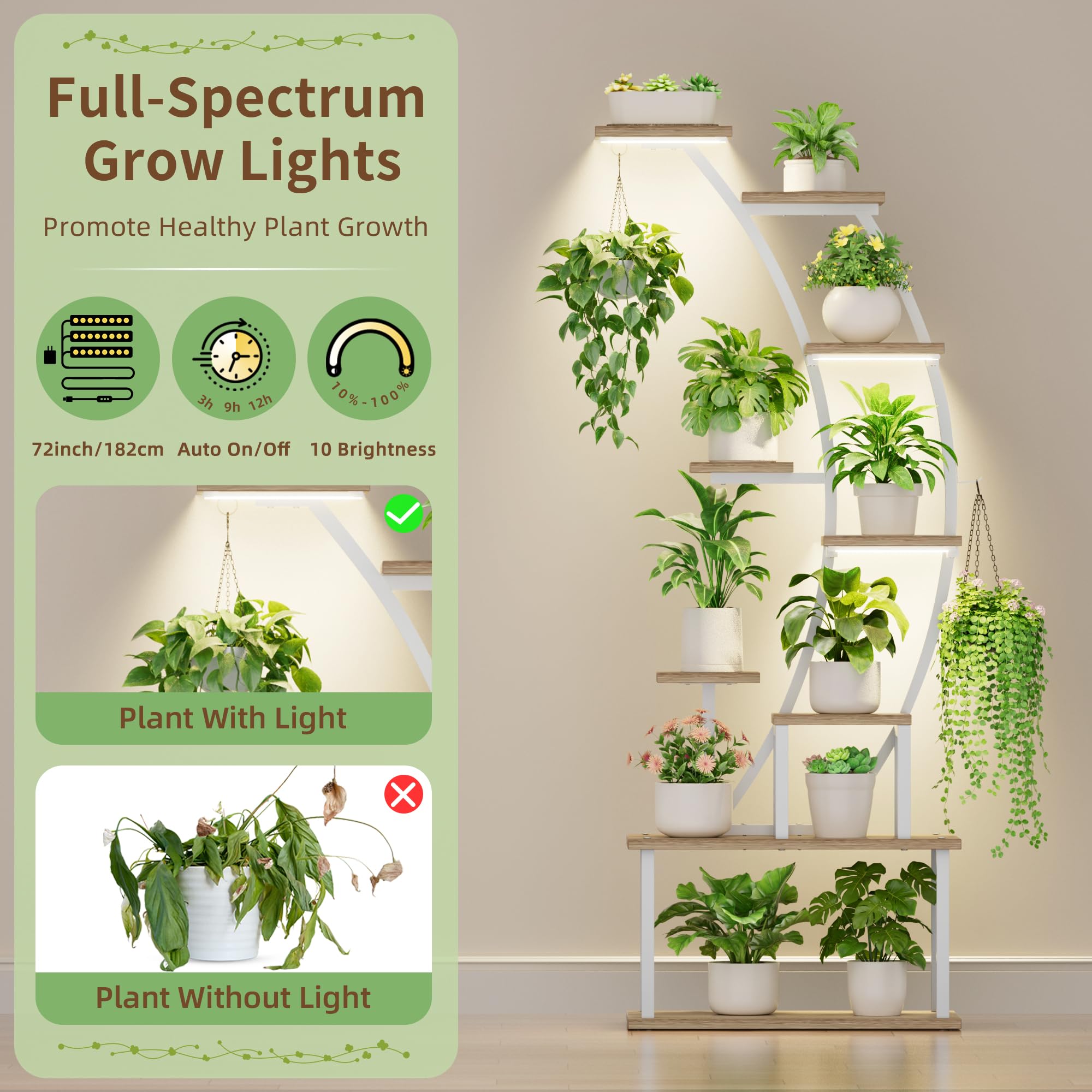 Pflanzenständer mit Grow Light, 9 Ebenen, 160 cm, Weiß – Metall & Holz