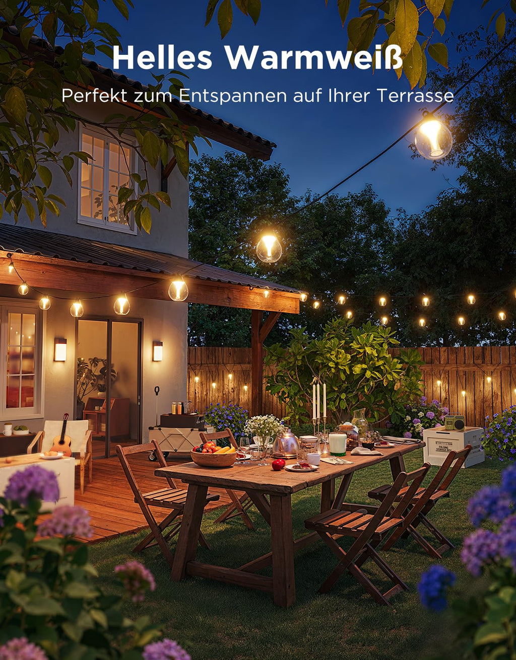 LED Garten Lichterkette 15m – RGB Außenbeleuchtung für Balkon, Terrasse & Garten