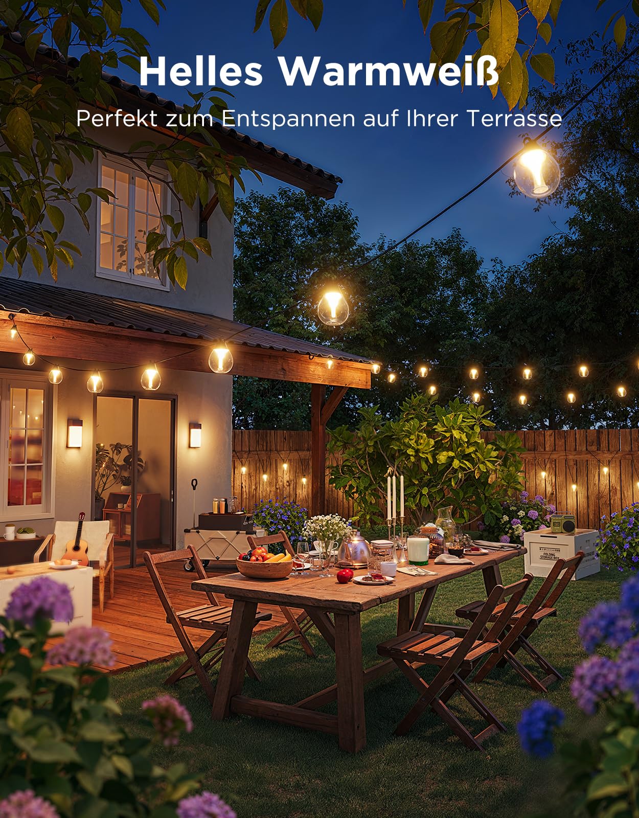 LED Garten Lichterkette 15m – RGB Außenbeleuchtung für Balkon, Terrasse & Garten