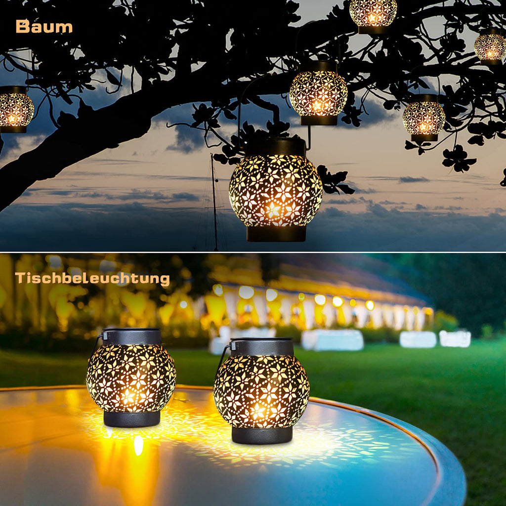 Solarlaterne Außen Hängend 2er Set – IP65 Wasserdicht, LED Warmweiß, Metall Schwarz