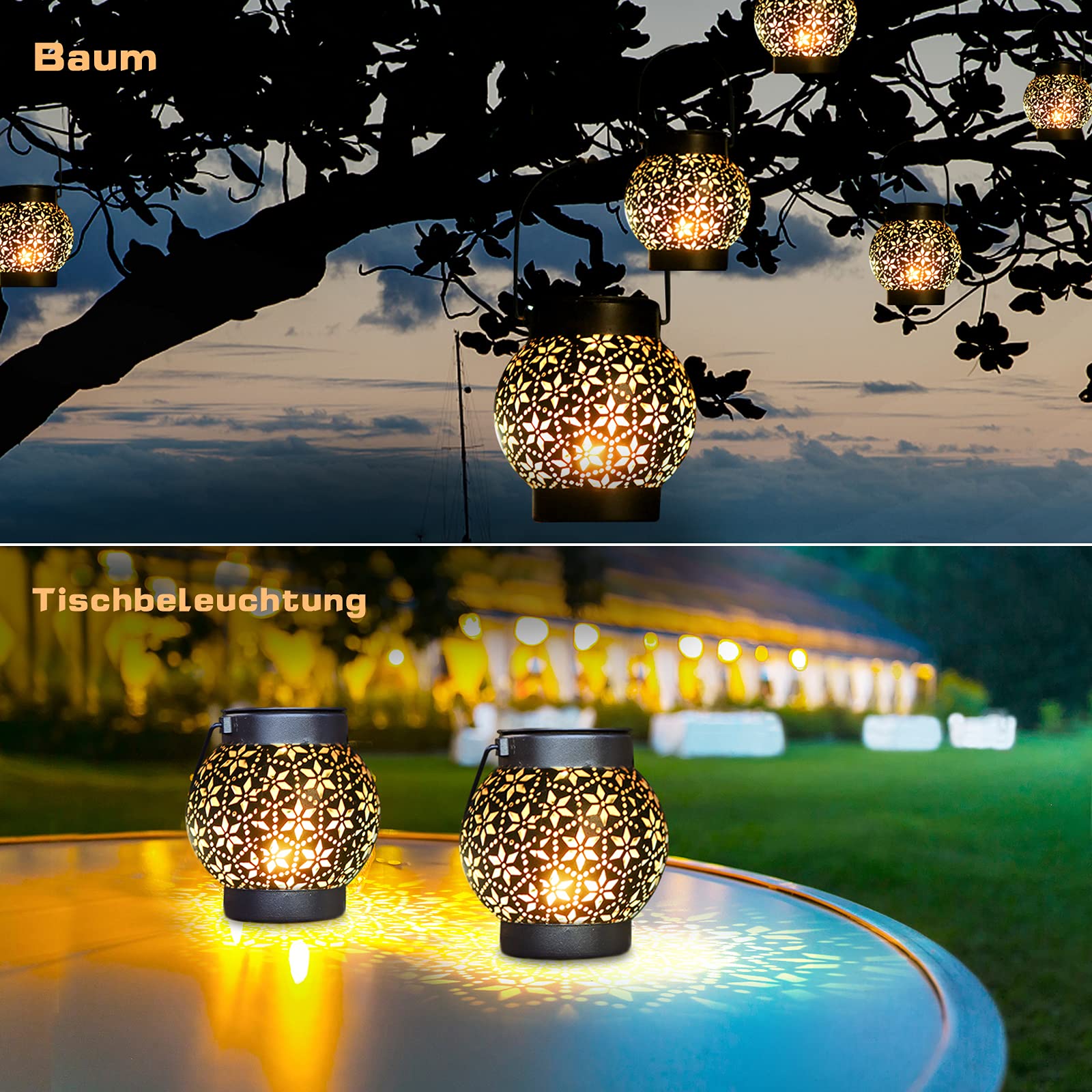 Solarlaterne Außen Hängend 2er Set – IP65 Wasserdicht, LED Warmweiß, Metall Schwarz