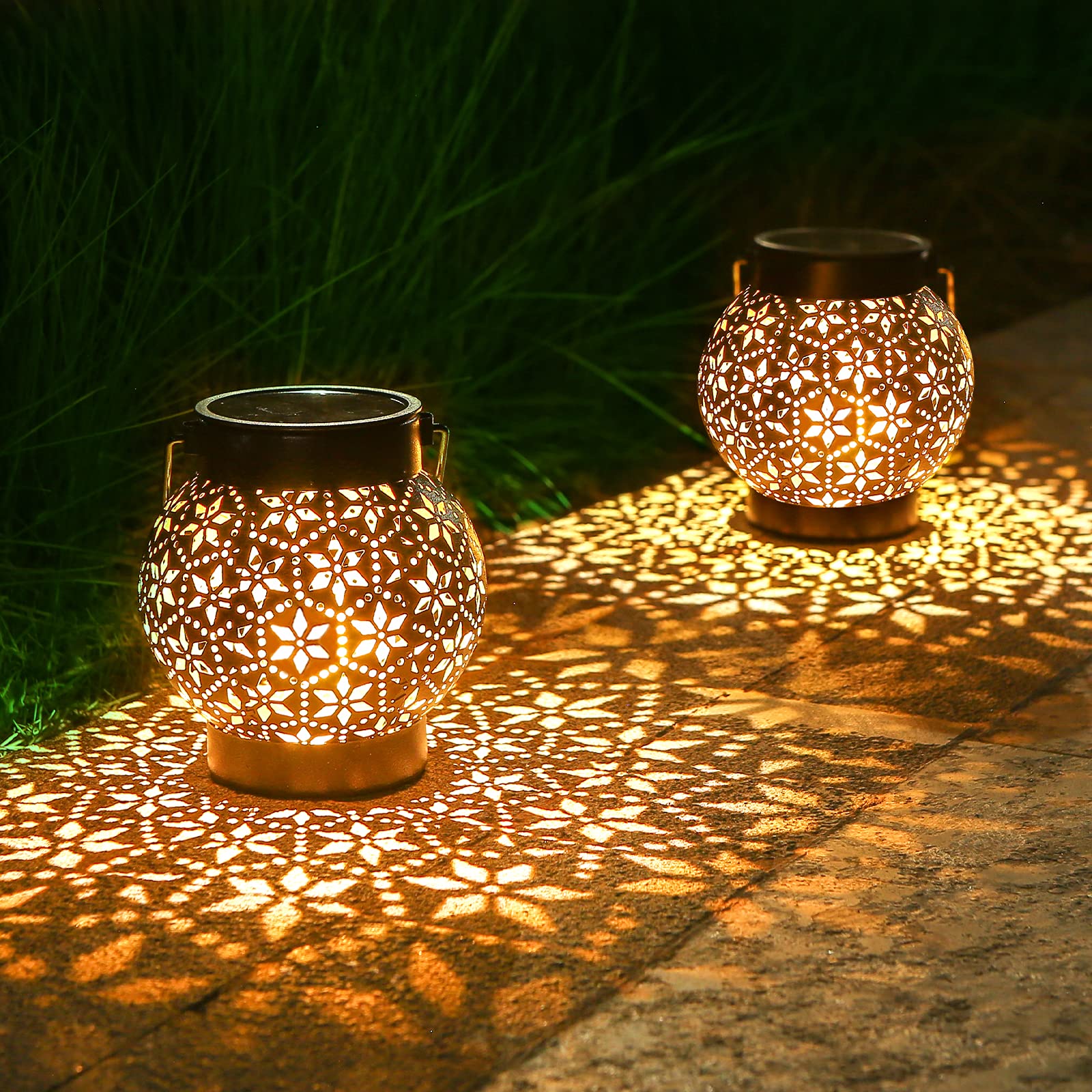 Solarlaterne Außen Hängend 2er Set – IP65 Wasserdicht, LED Warmweiß, Metall Schwarz