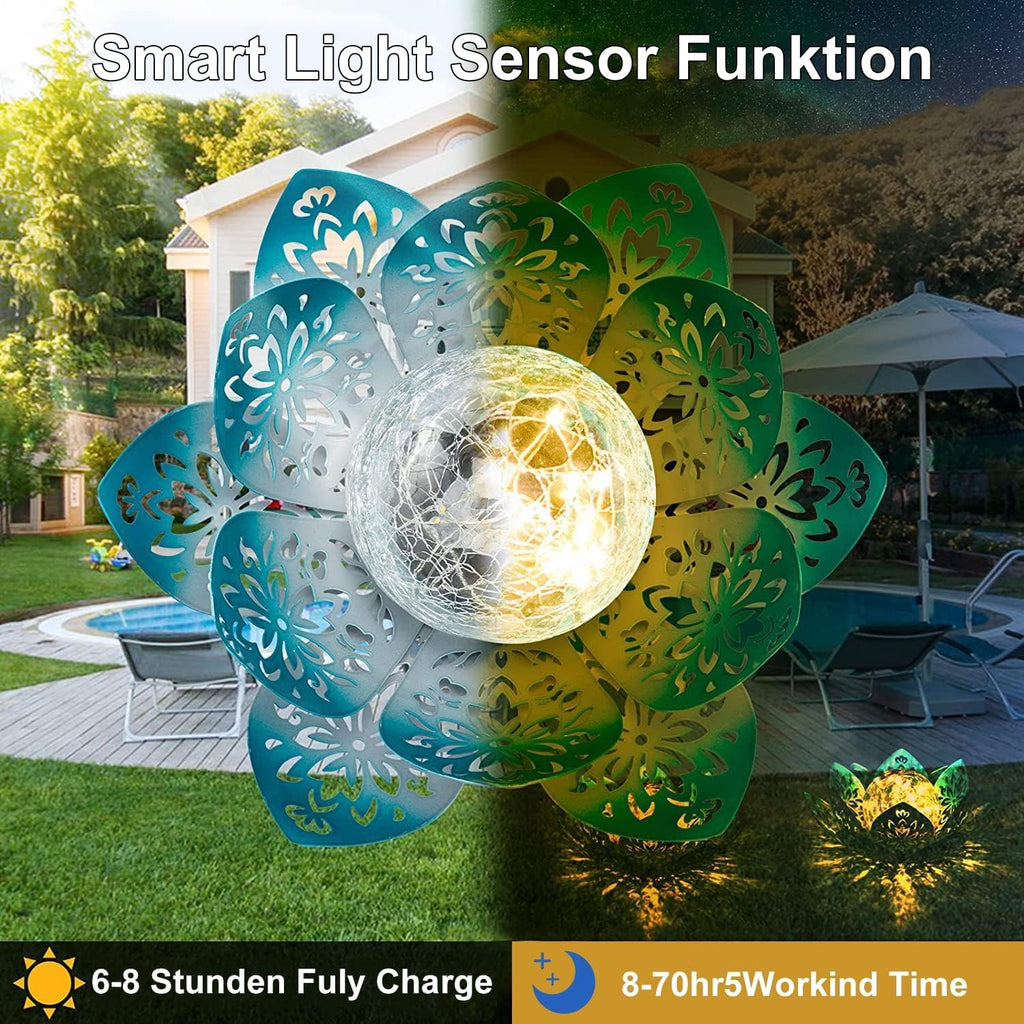 Solar Lotusblüten Lampe Gartendeko Wasserdicht Blau Crack Glaskugel